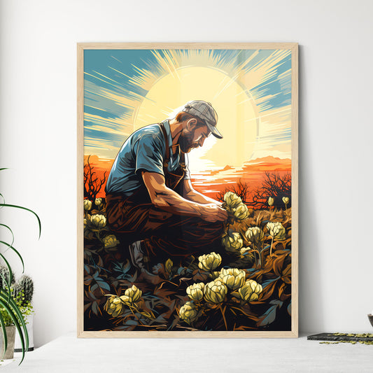 Farmer Sowing Seeds With Sunburst Done In Re - Framed Art Print