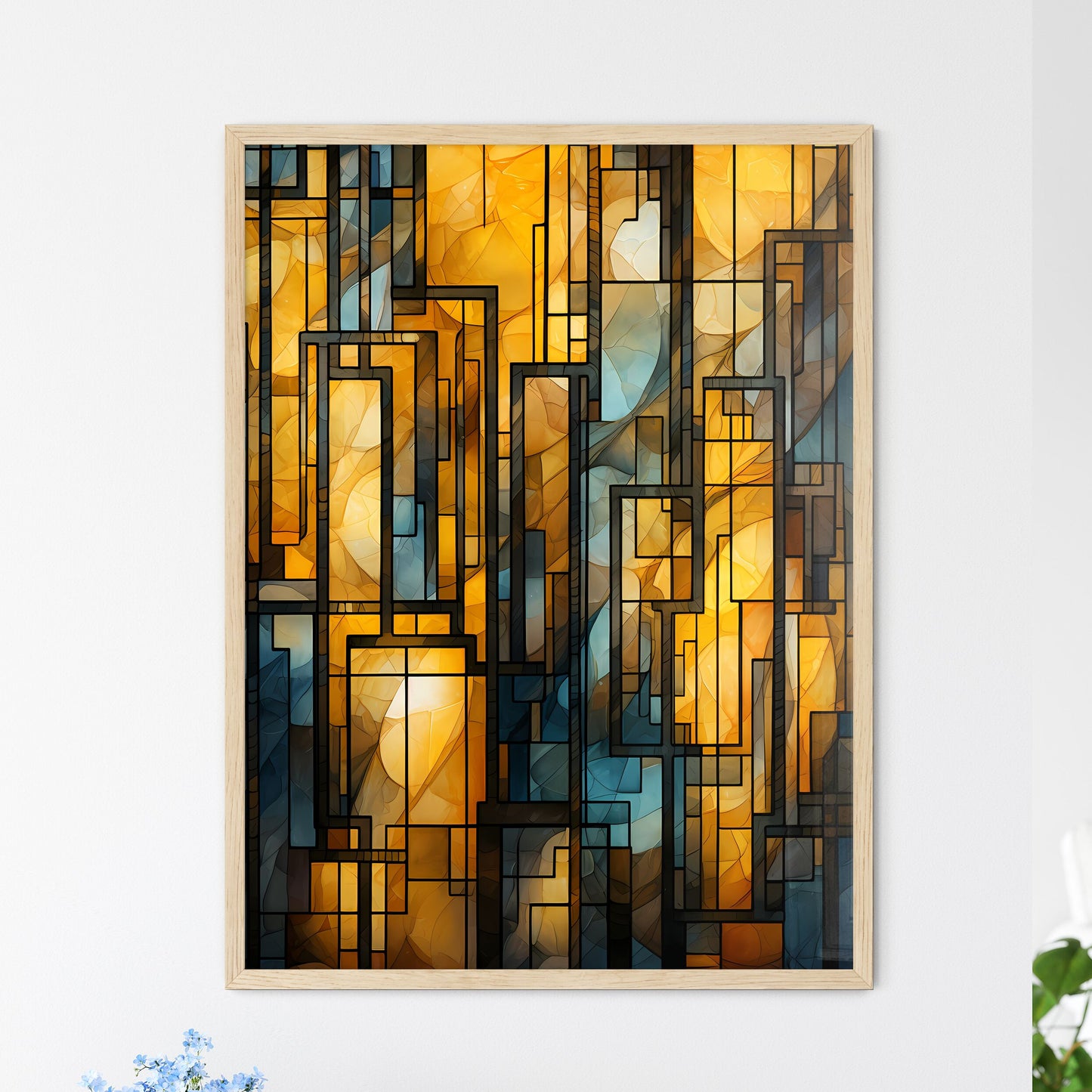 Geometric Ornament In Art Deco Style In Old Gold - A Stained Glass Window With Black Lines Framed Art