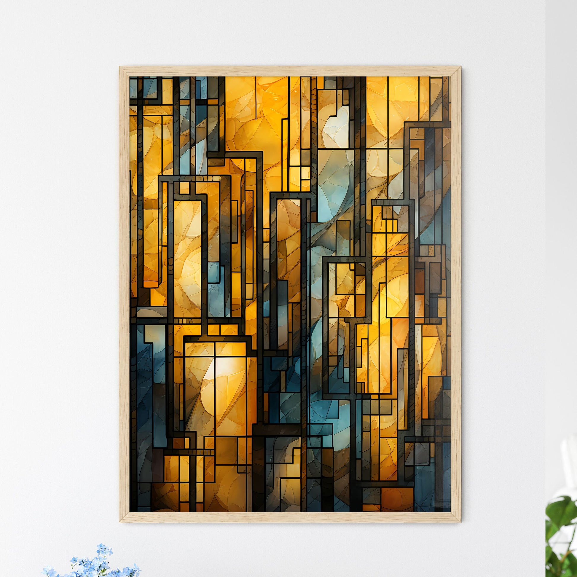 Geometric Ornament In Art Deco Style In Old Gold - A Stained Glass Window With Black Lines Framed Art