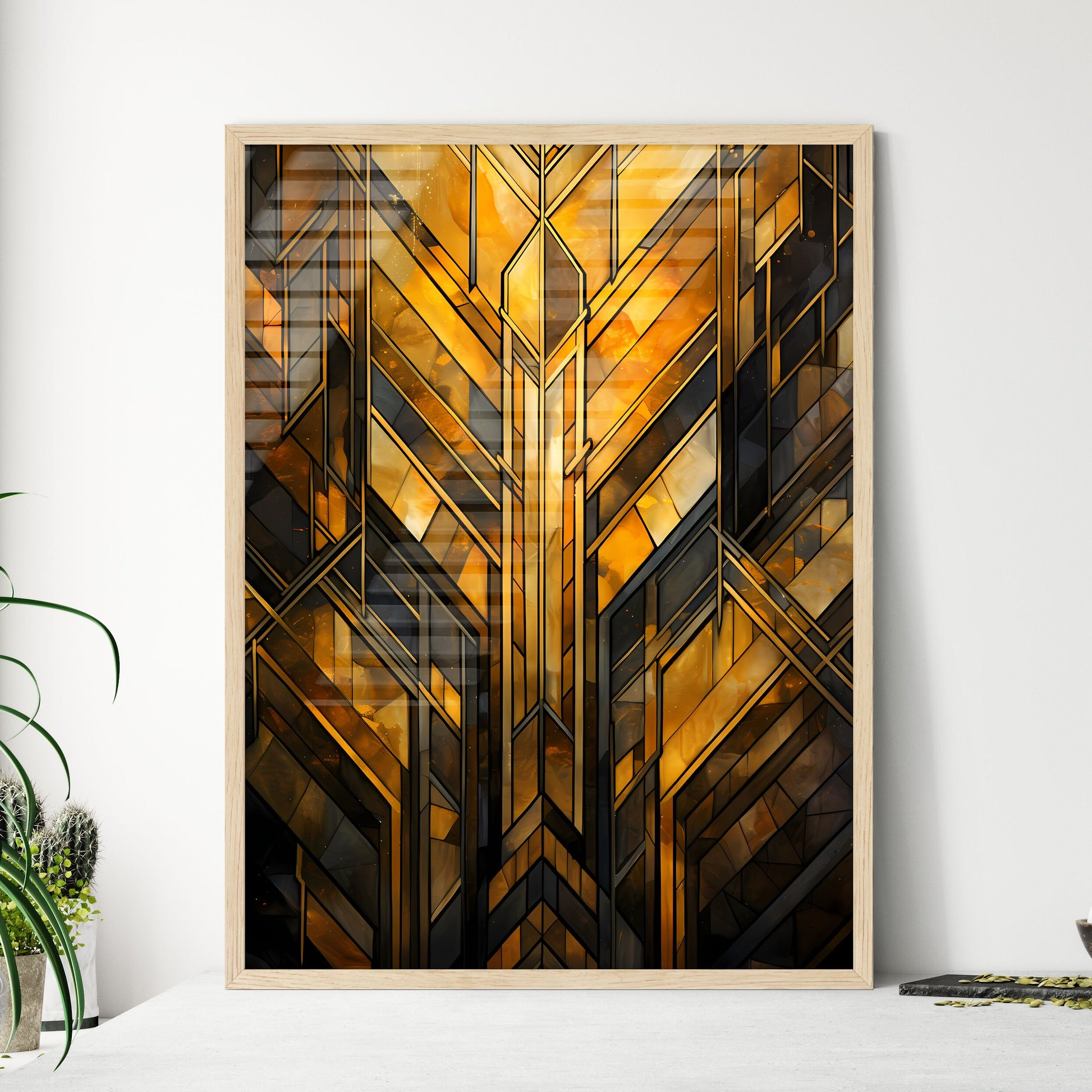 Geometric Ornament In Art Deco Style In Old Gold - A Close Up Of A Glass Framed Art