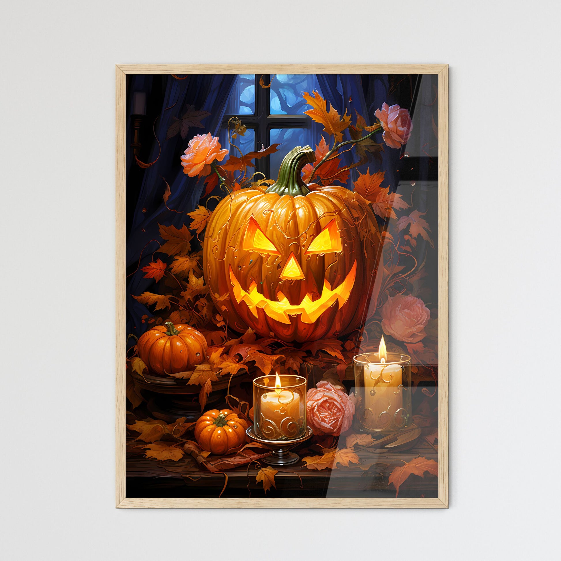 Halloween Pumpkin Lantern With Autumn Leaves - Framed Art Print