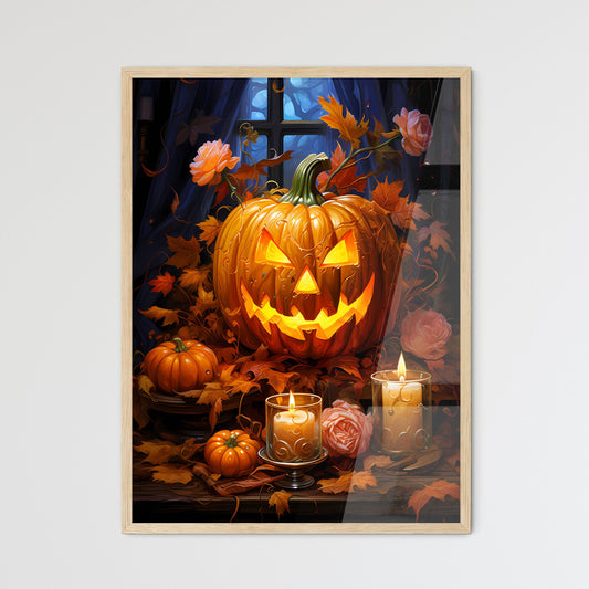 Halloween Pumpkin Lantern With Autumn Leaves - Framed Art Print