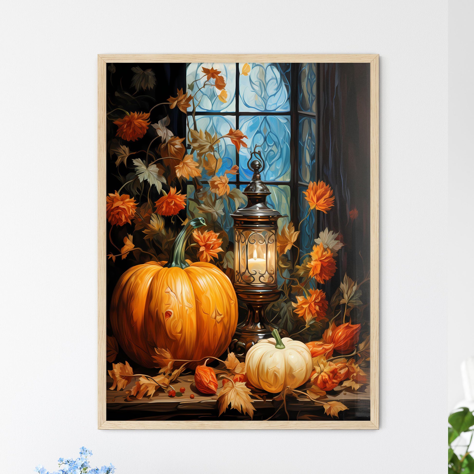 Halloween Pumpkin Lantern With Autumn Leaves - Framed Art Print