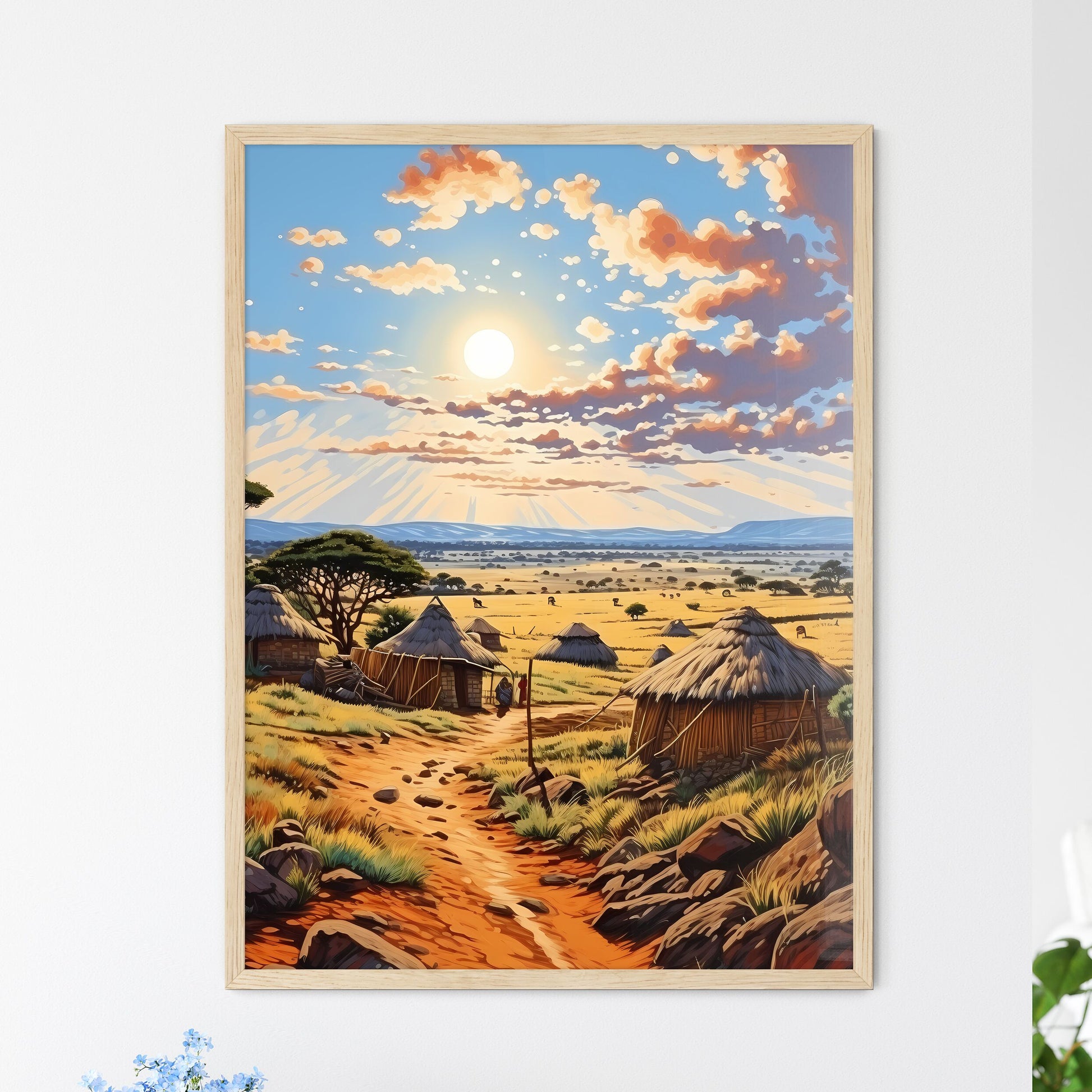 Massai - A Painting Of A Village With Straw Huts And A Dirt Road Default Title