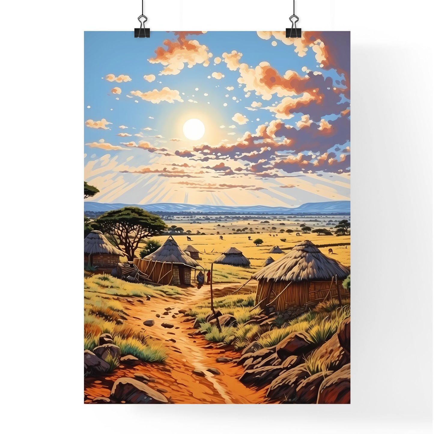 Massai - A Painting Of A Village With Straw Huts And A Dirt Road Default Title