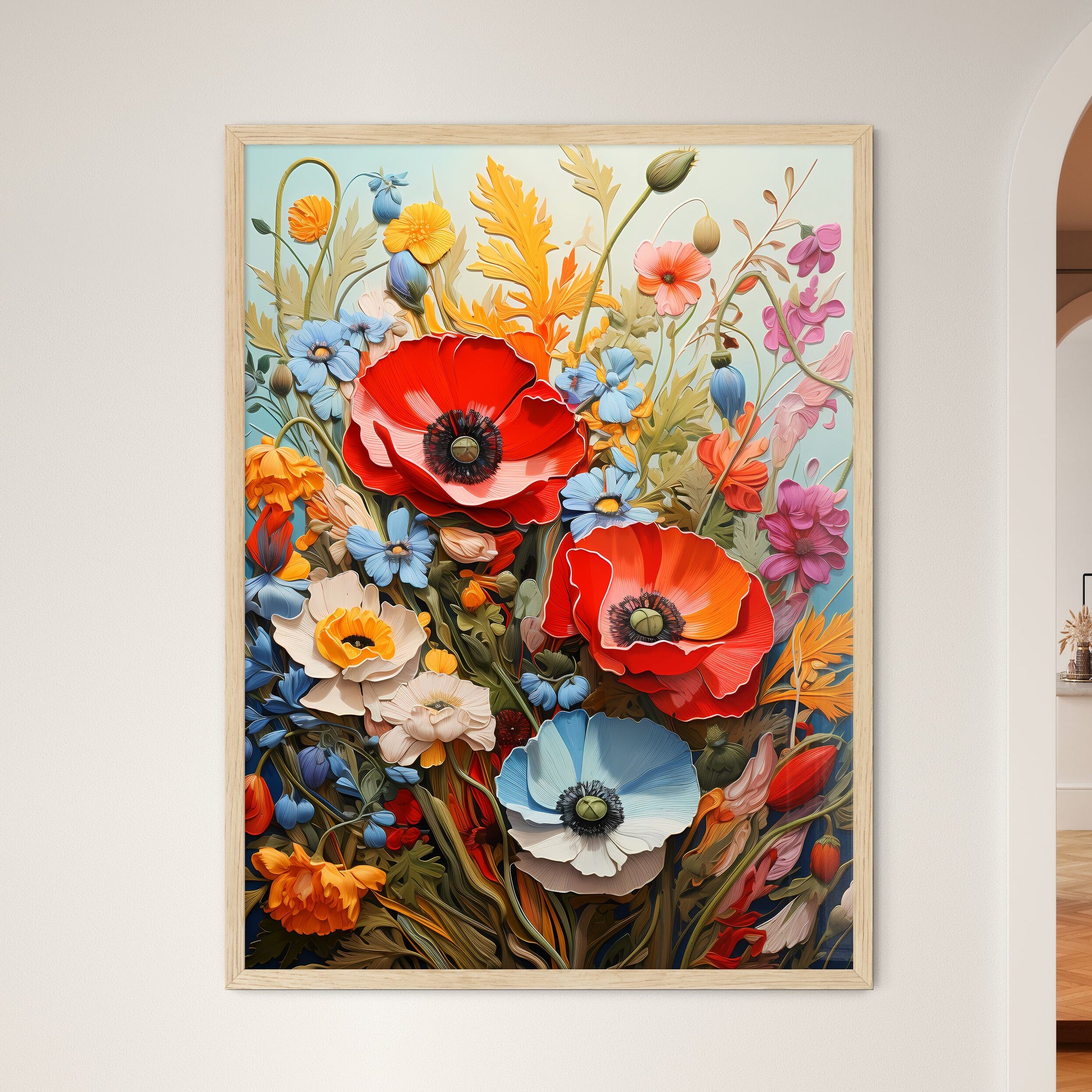 Oil Painting Poppy Dandelion Daisy Flowers I - Framed Art Print