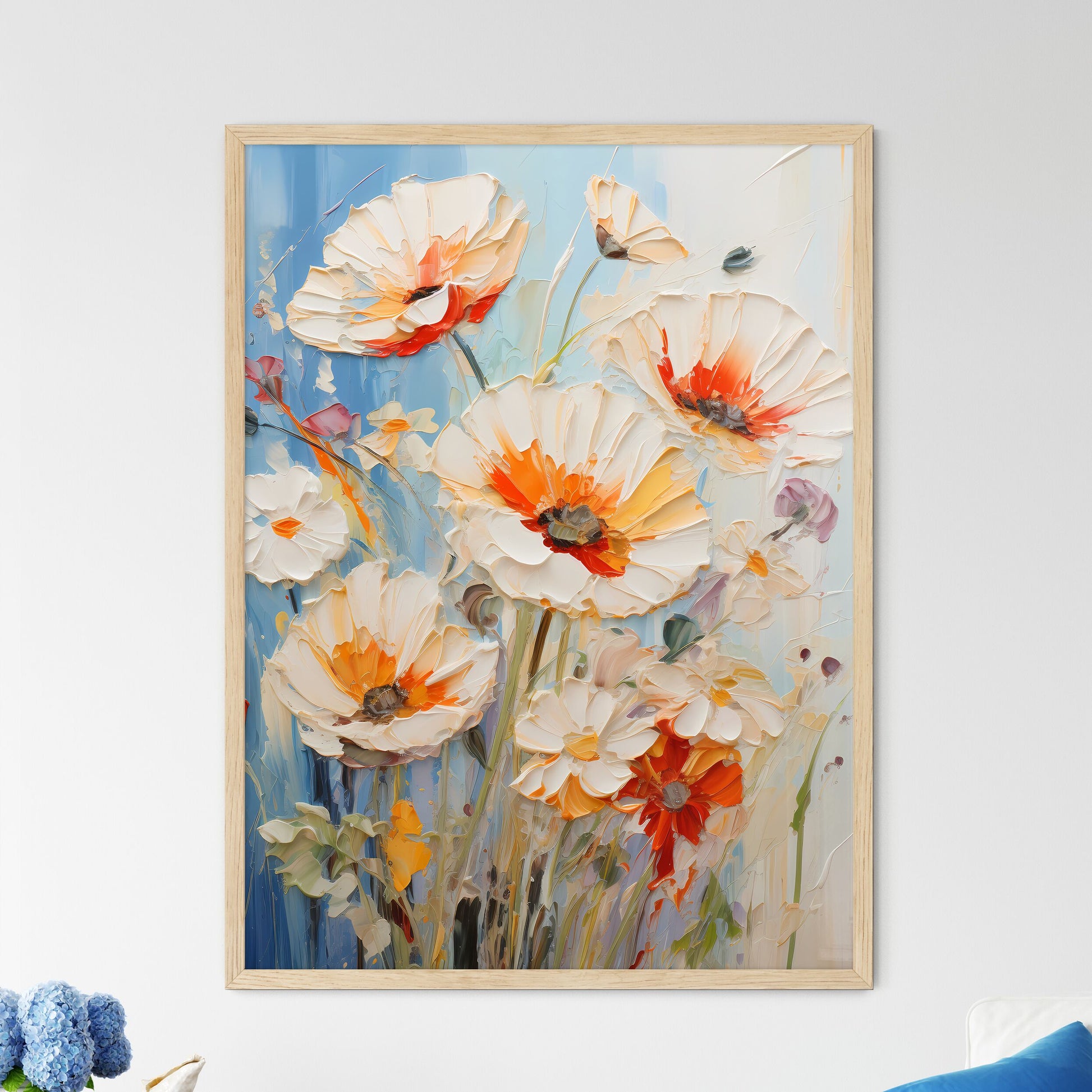 Oil Painting Poppy Dandelion Daisy Flowers I - Framed Art Print