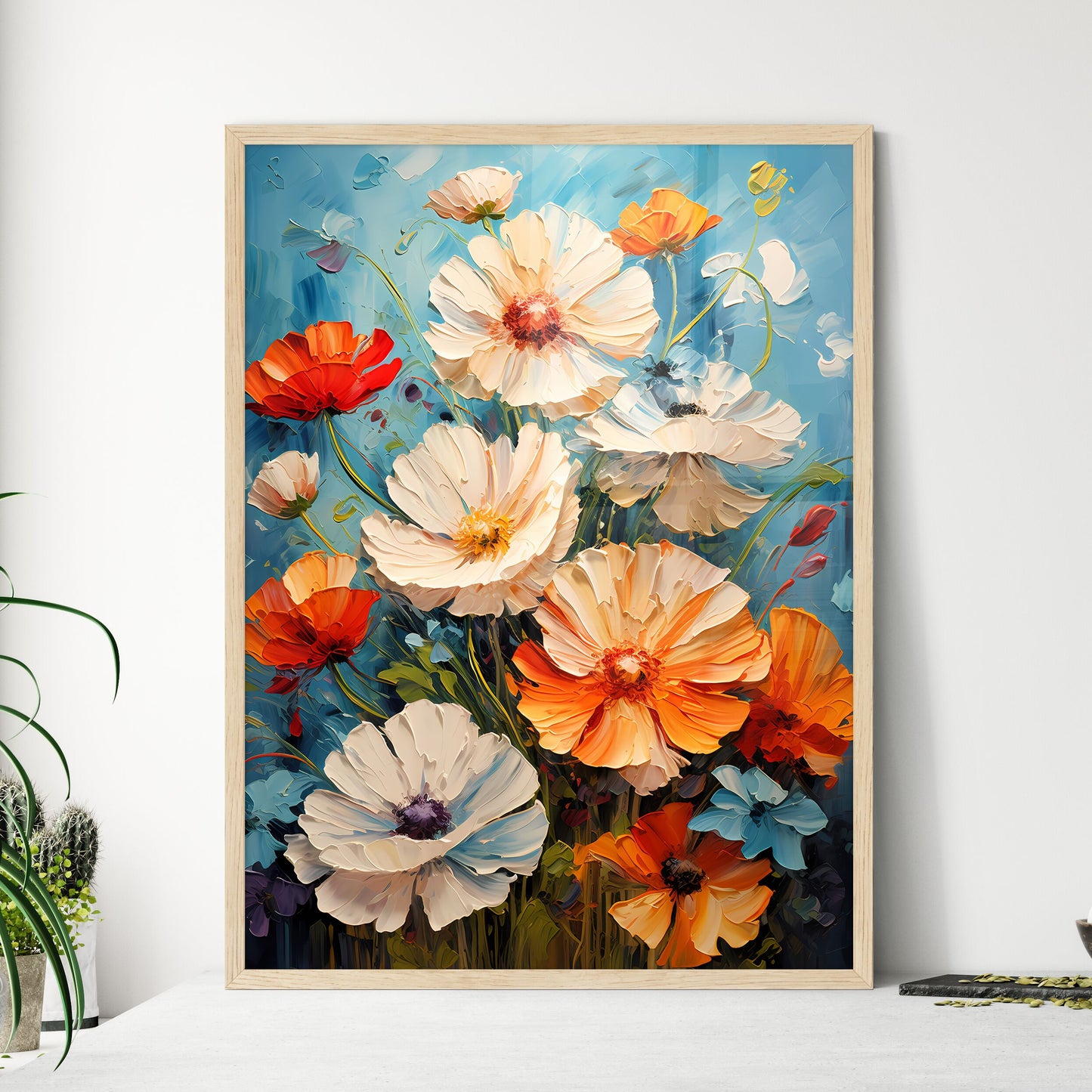 Oil Painting Poppy Dandelion Daisy Flowers I - Framed Art Print