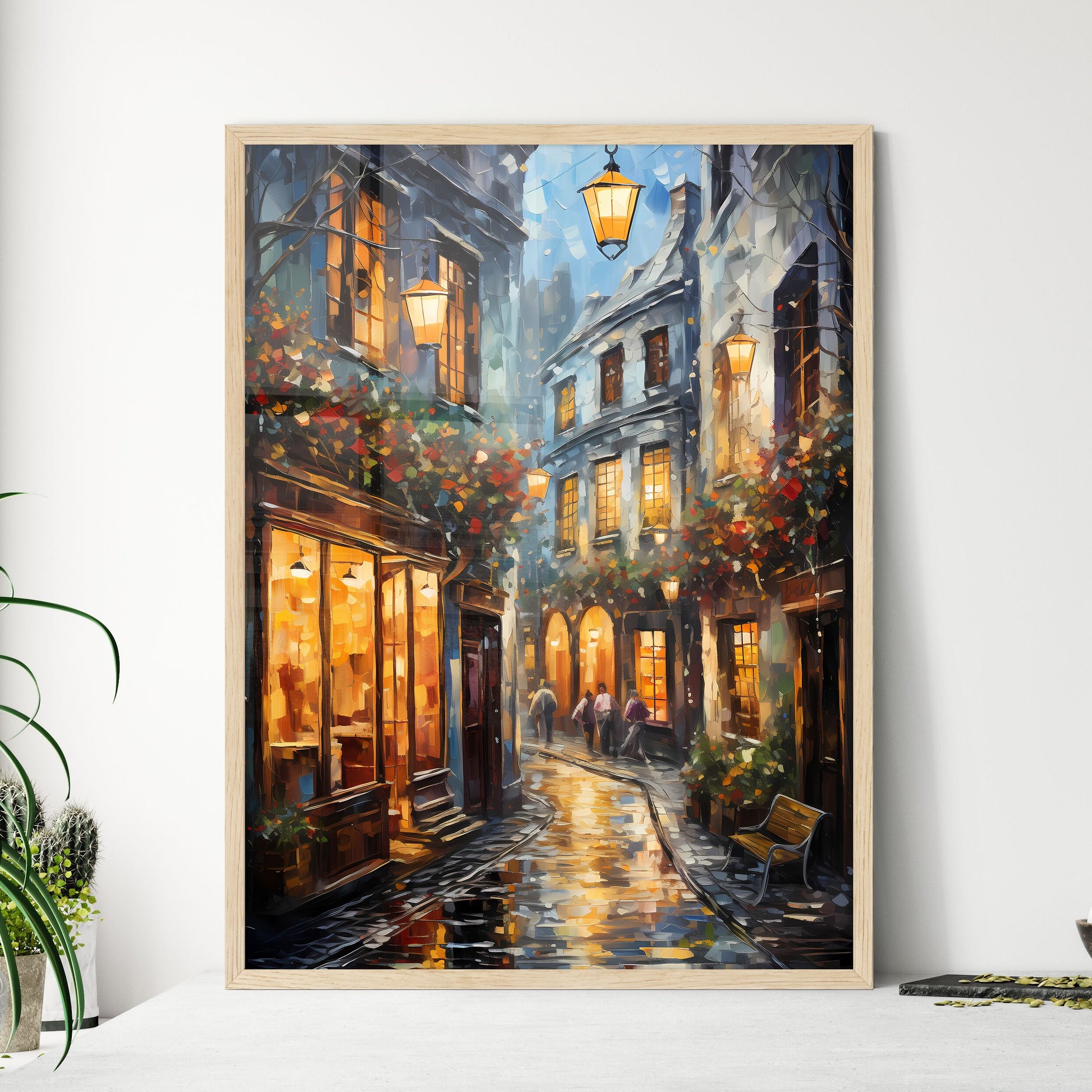 Old Galway City Streetkerwan S Lanedecorated - A Painting Of A Street With Buildings And People Walking Framed Art