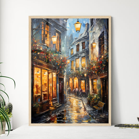 Old Galway City Streetkerwan S Lanedecorated - A Painting Of A Street With Buildings And People Walking Framed Art