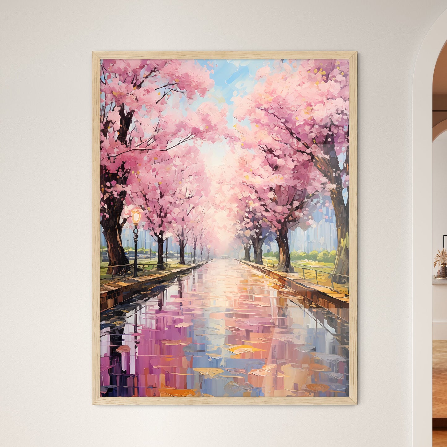 Perspective Under A Cherry Trees Row During  - Framed Art Print