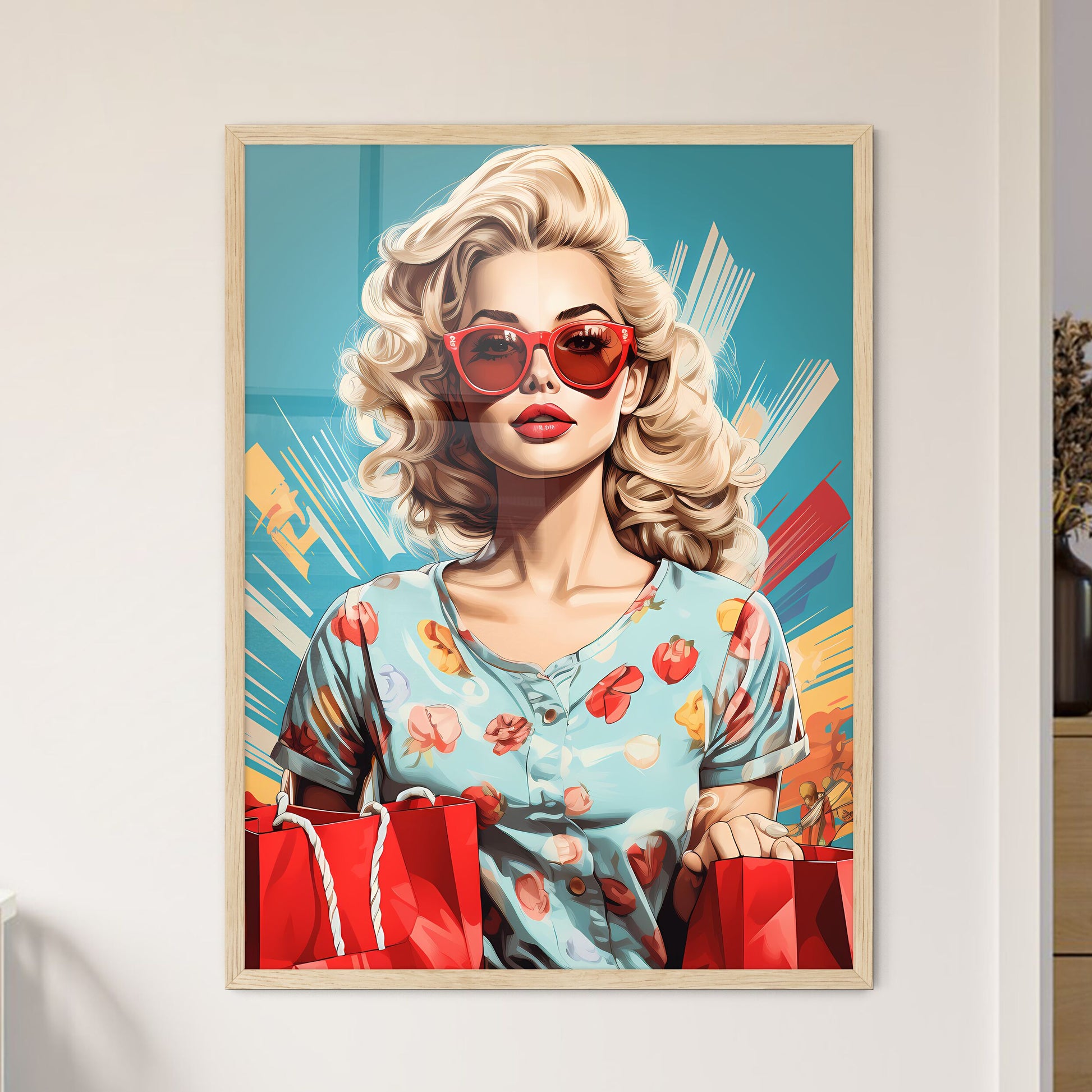 Pop Art Blond Women With Shopping Bags In Th - Framed Art Print