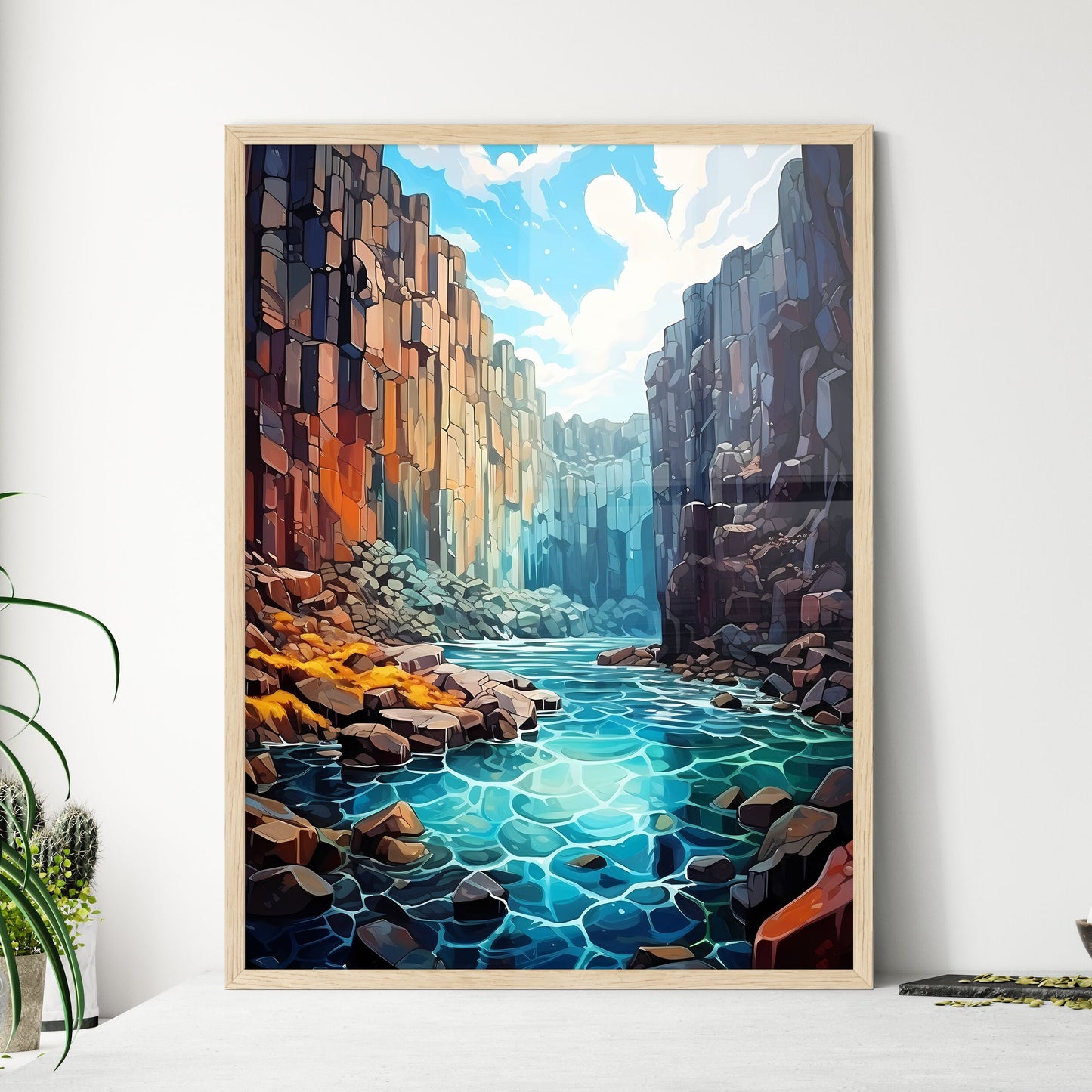 Svartifoss Waterfall In Skaftafell National Park - A River Between Rocks Framed Art