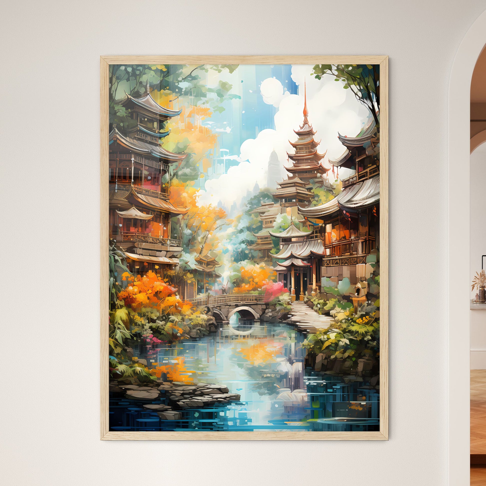 Travelling To Asian Countries Such As Thailand - A Painting Of A City With A River And A Bridge Framed Art