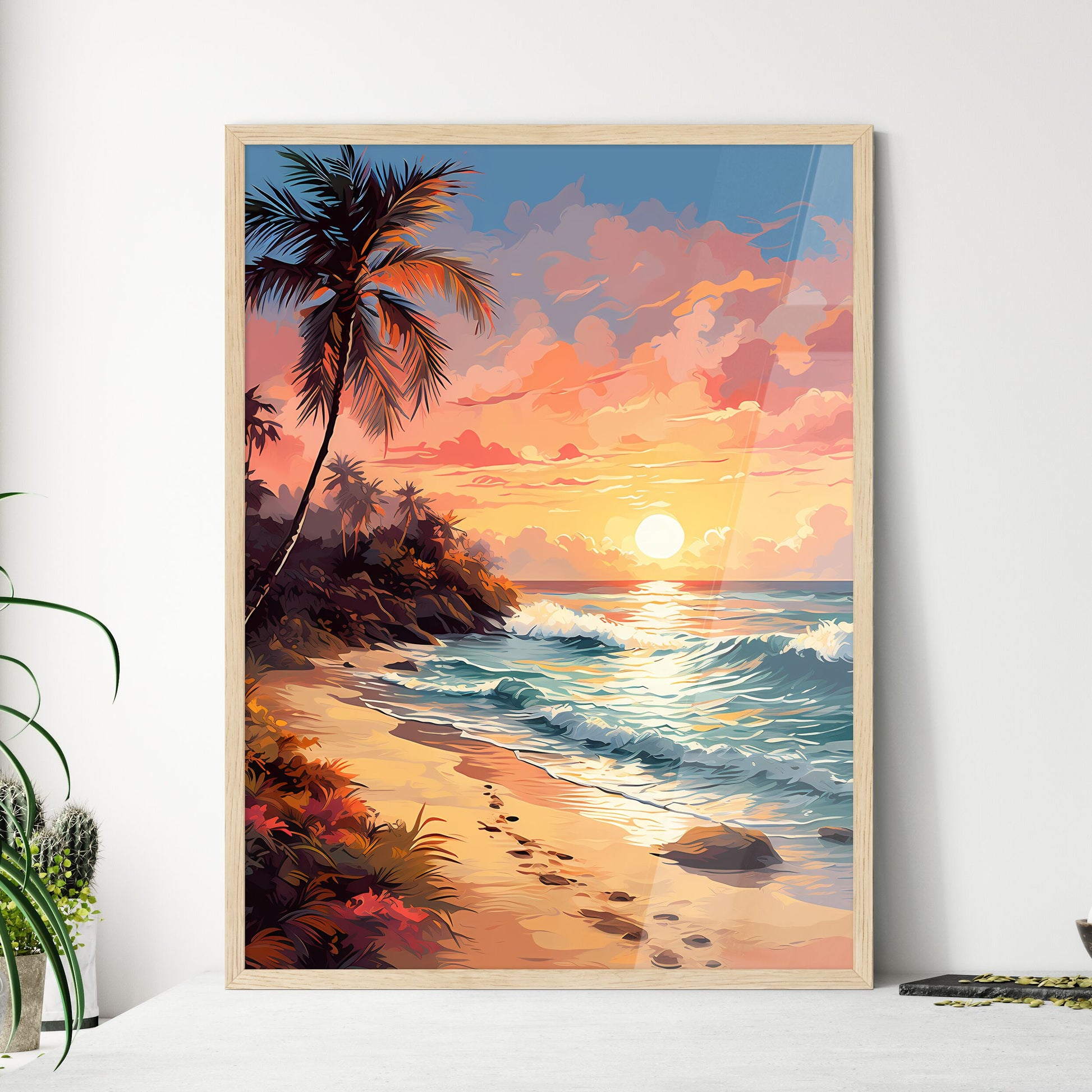 Two - A Painting Of A Beach With Palm Trees And Waves Default Title