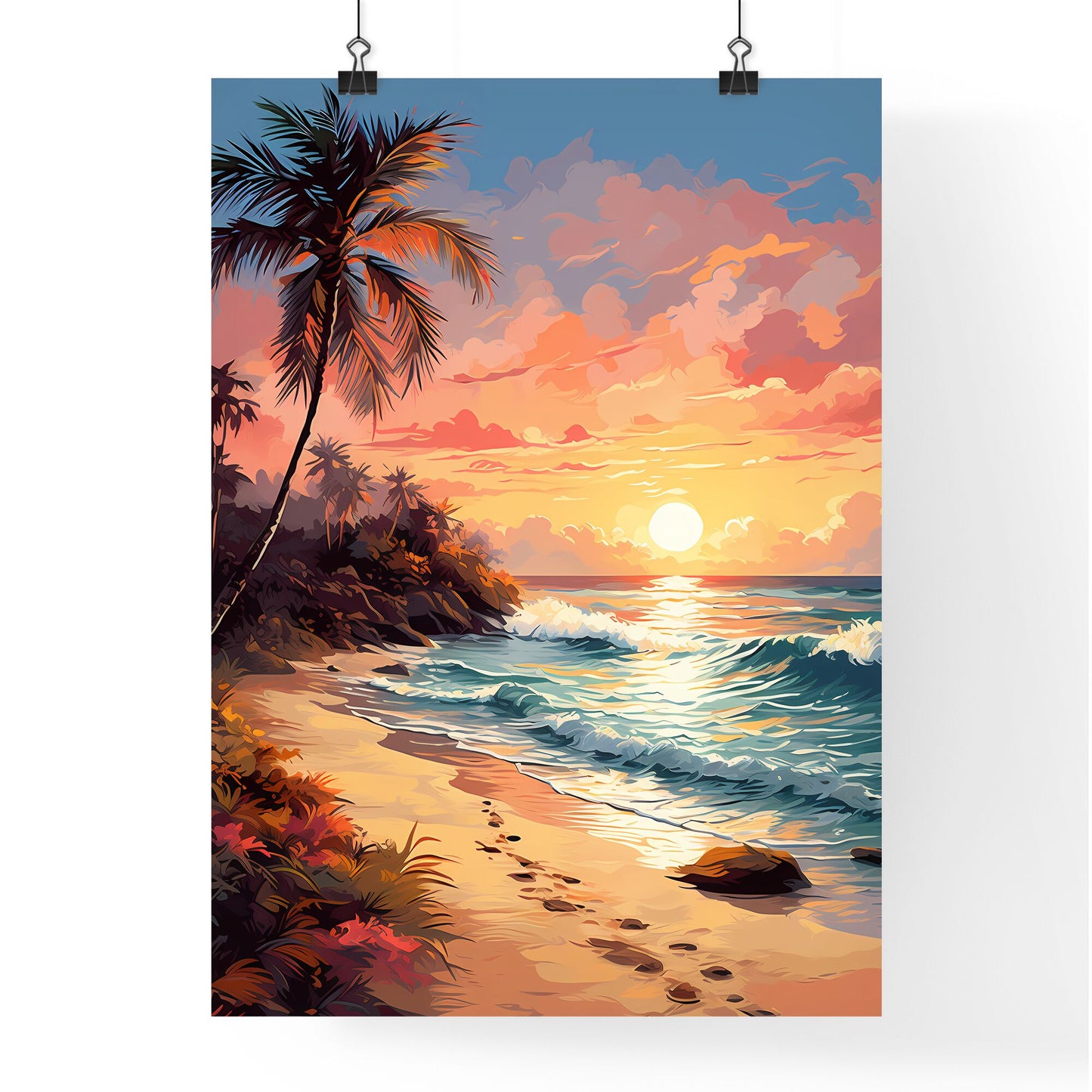 Two - A Painting Of A Beach With Palm Trees And Waves Default Title