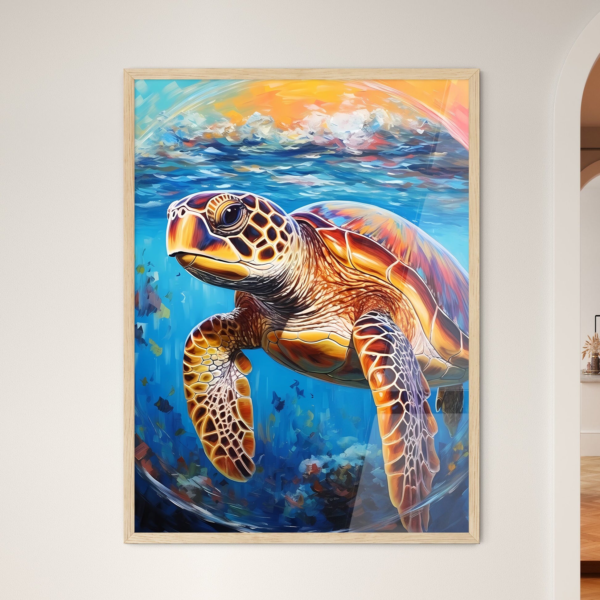 View Of Nice Sea Turtle Flying Down To The Ocean  Wall Art