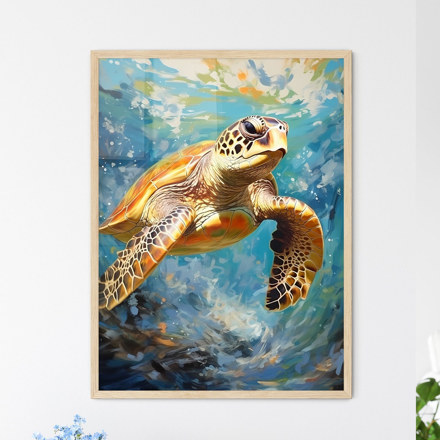View Of Nice Sea Turtle Flying Down To The Ocean  Wall Art