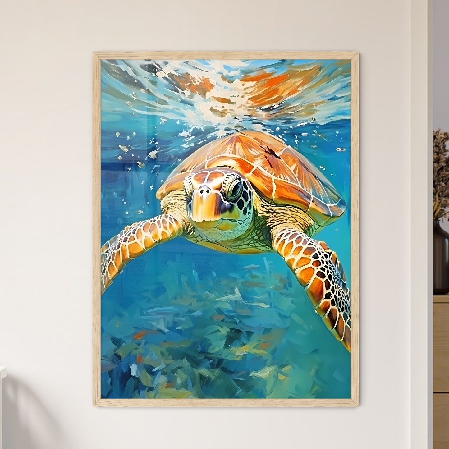 View Of Nice Sea Turtle Flying Down To The Ocean  Wall Art