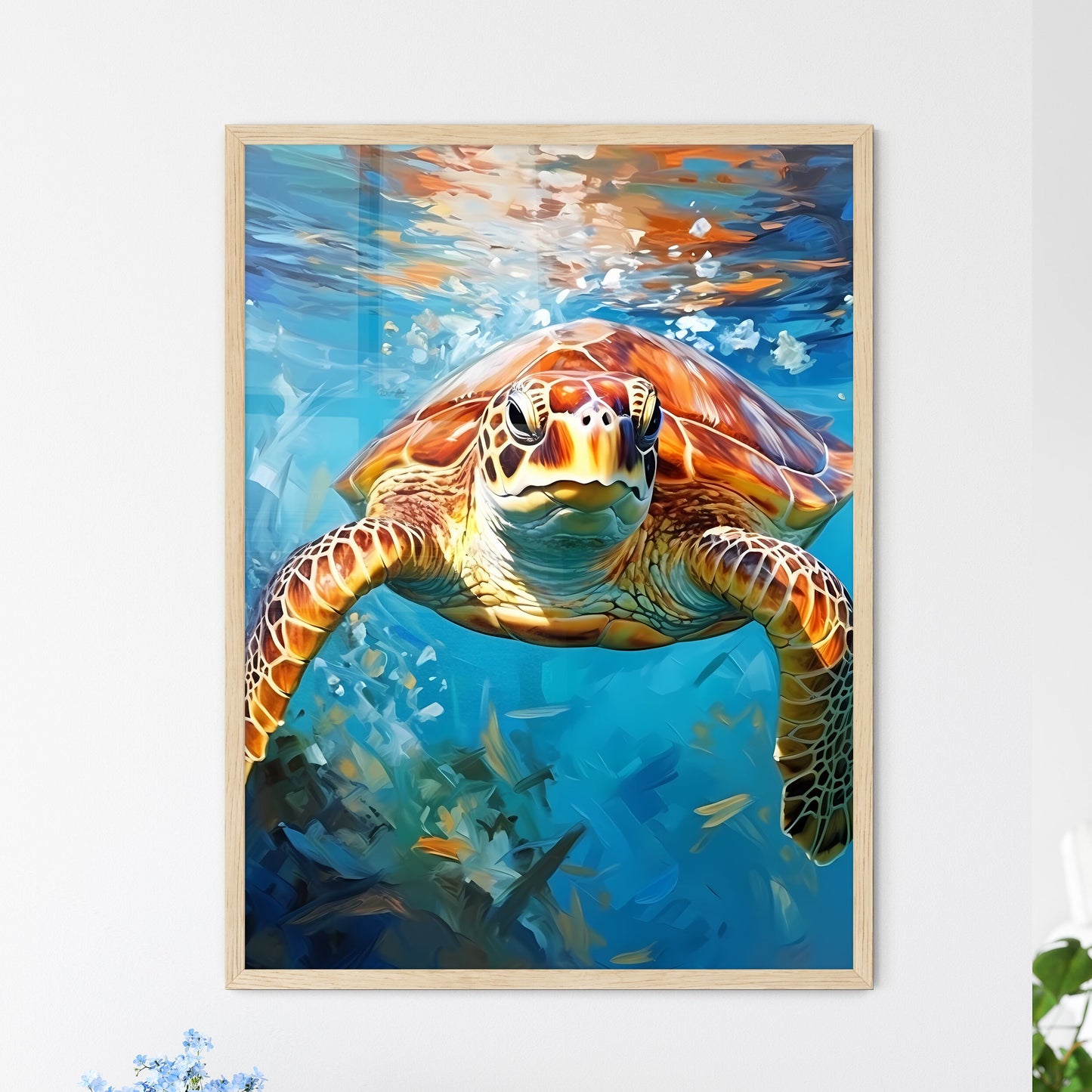 View Of Nice Sea Turtle Flying Down To The Ocean  Wall Art