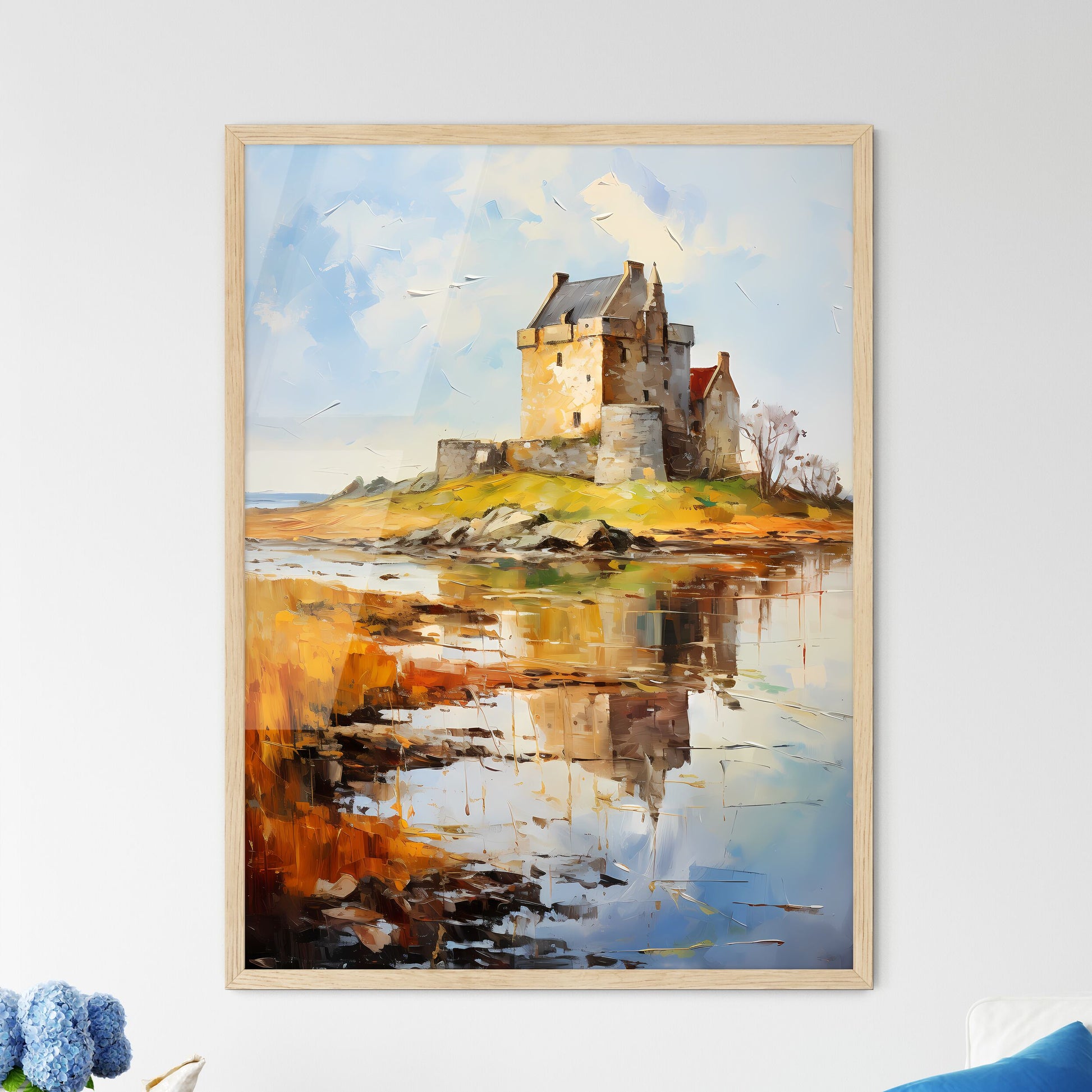 View Of The Dunguaire Castle Kinvara Bay Galway - A Painting Of A Castle On A Small Island With Eilean Donan In The Background Framed Art