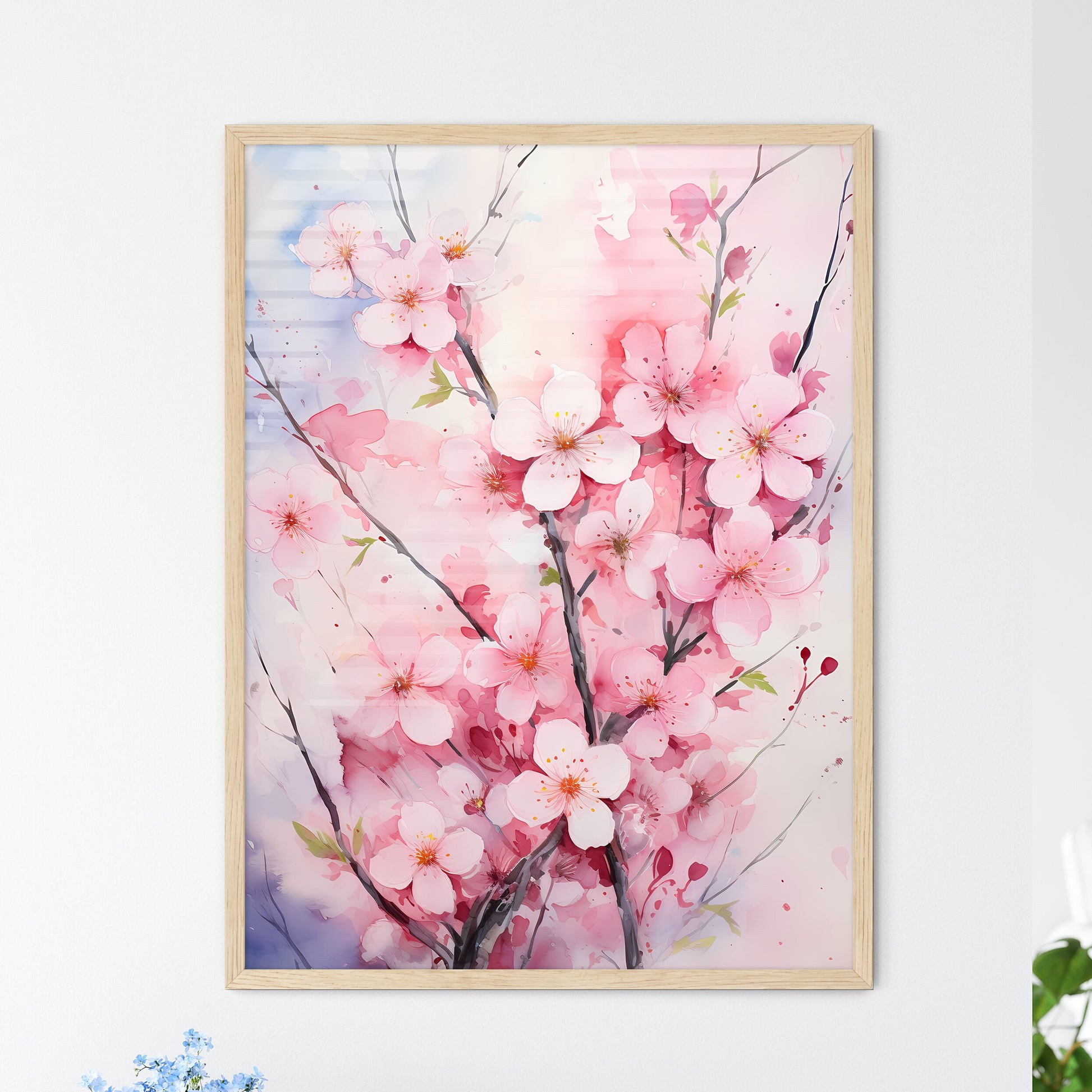 Watercolor Pink Blooming Flowers For Valenti - Framed Art Print