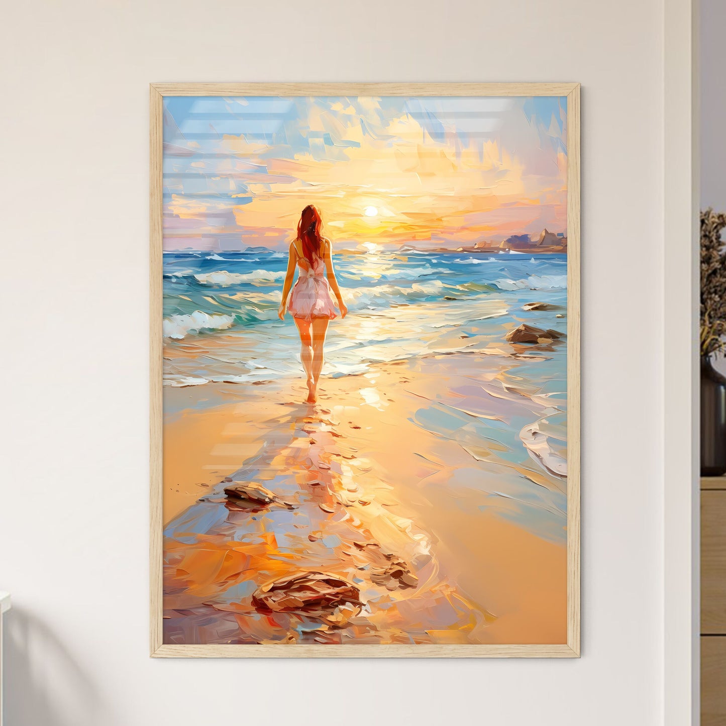 Woman Walking On Sand Beach Leaving Footprin - Framed Art Print