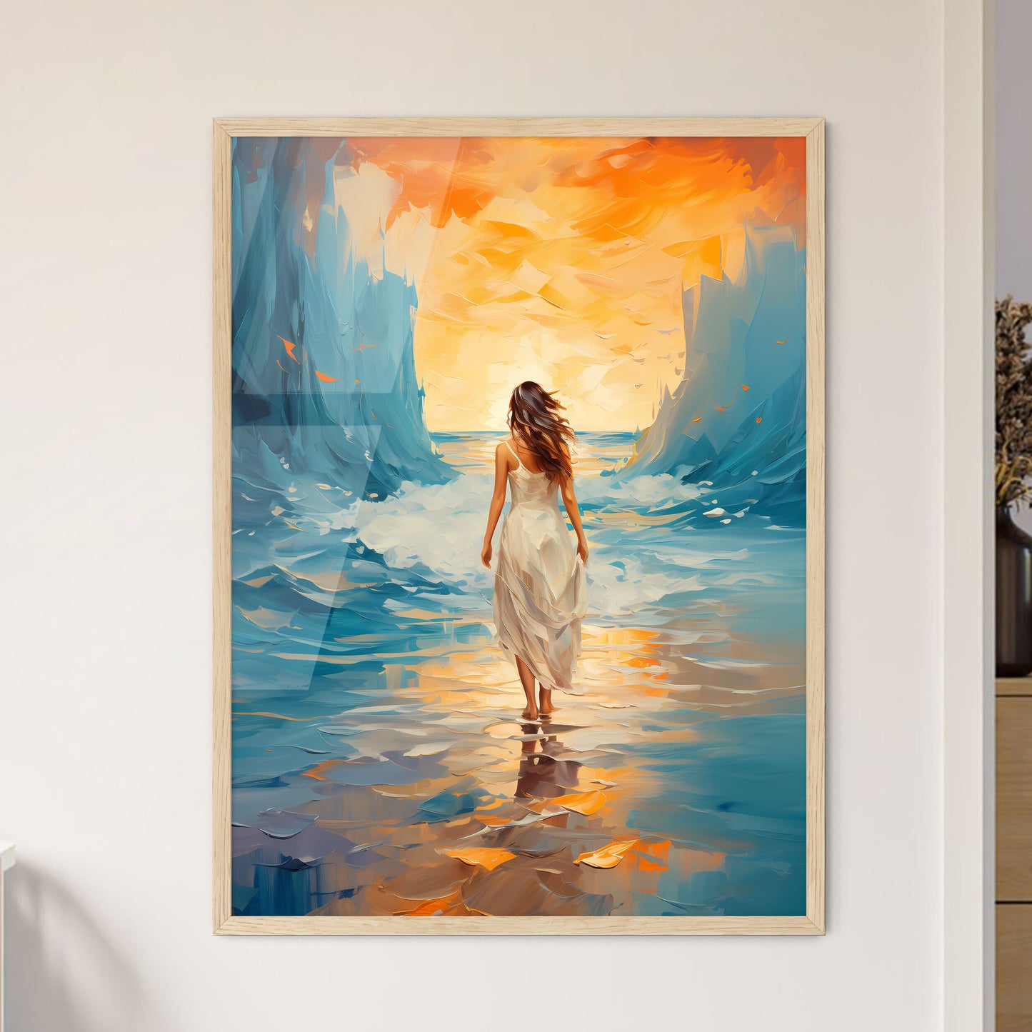 Woman Walking On Sand Beach Leaving Footprin - Framed Art Print