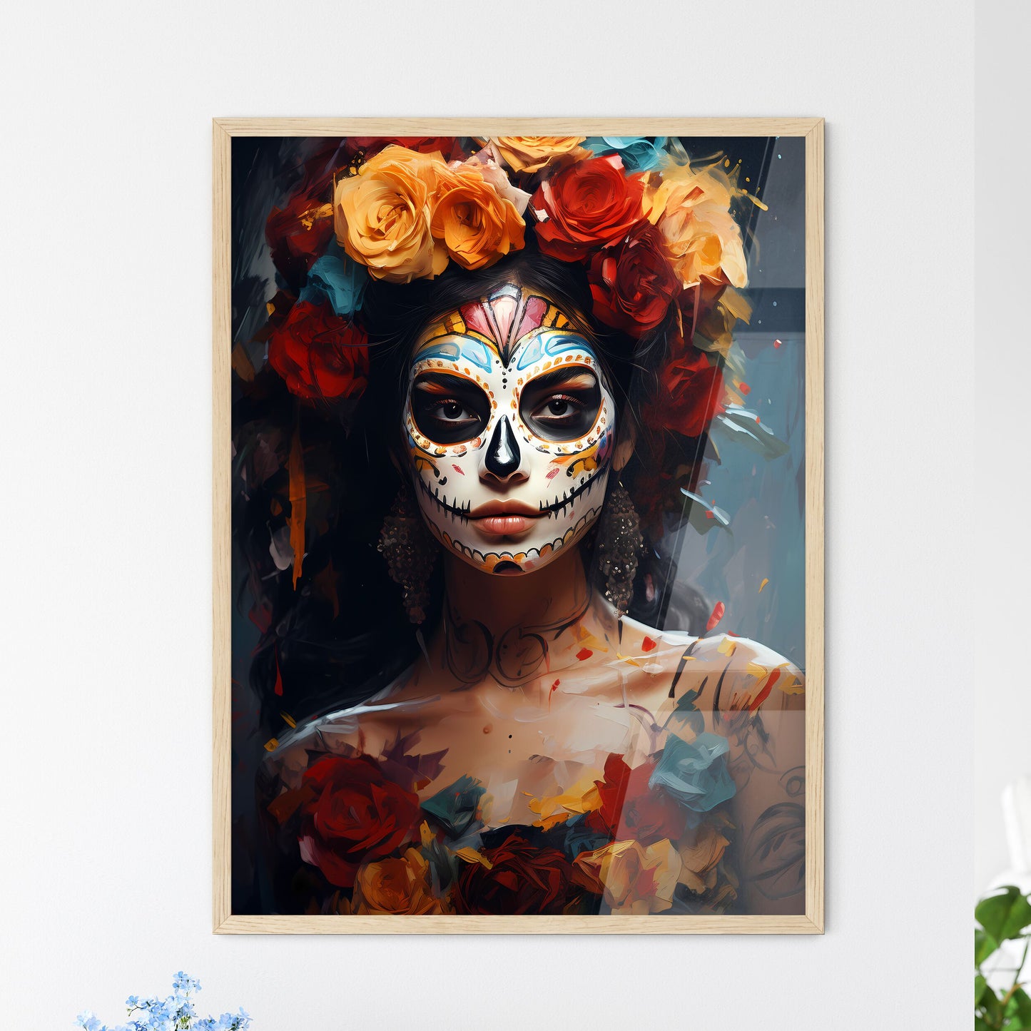 Woman With Dia De Los Muertos Makeup Black - - Framed Art Print