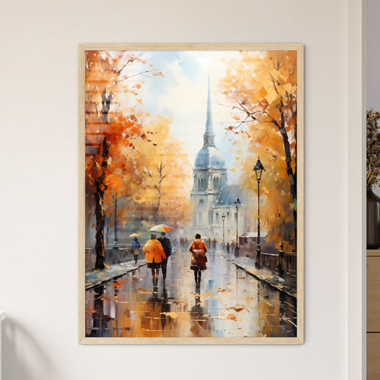 Autumn The City - A Painting Of People Walking Down A Street With Trees And A Church Framed Art