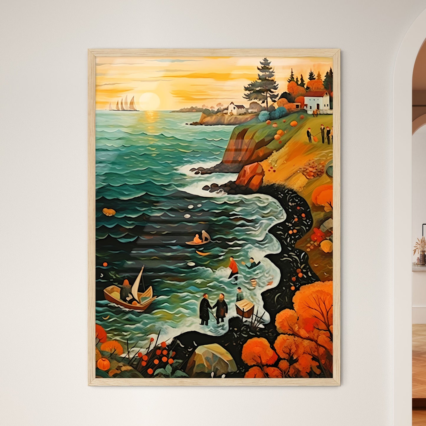 Baltic Sea Bath Scene In Autumn - A Painting - Framed Art Print