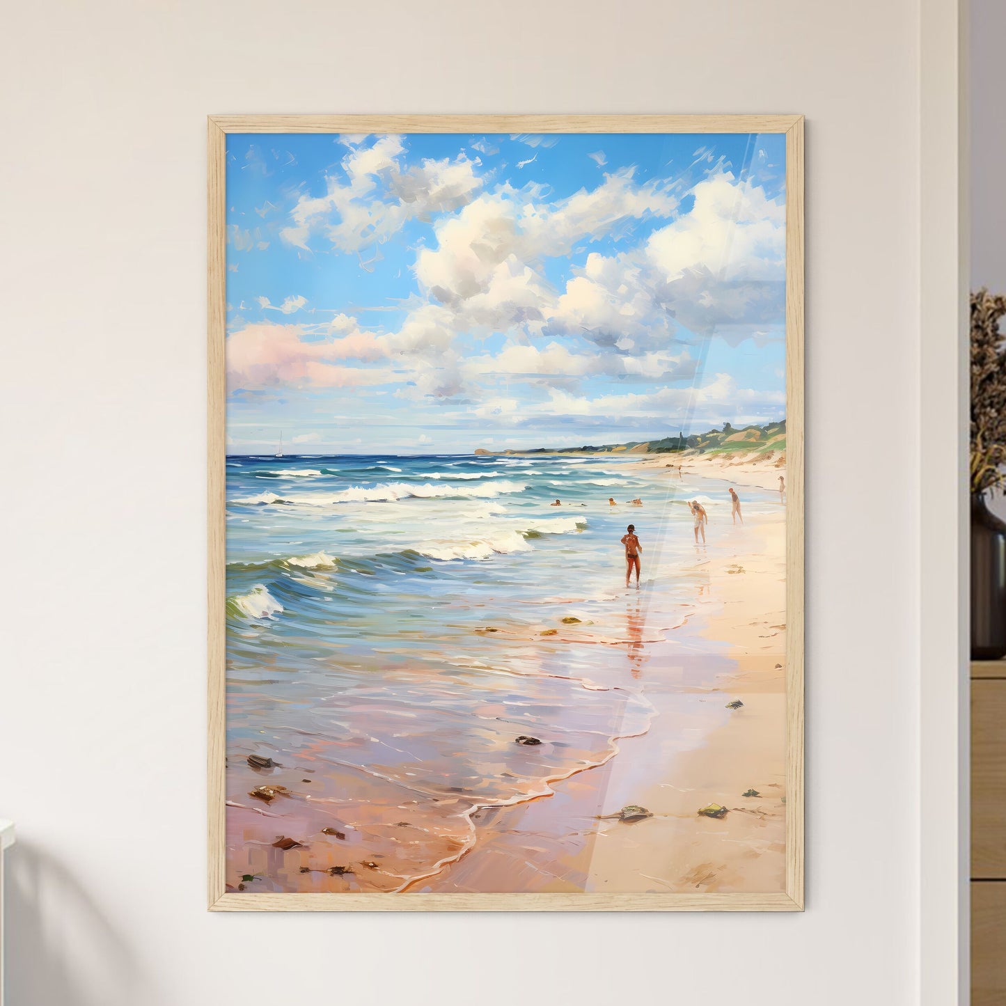 Beach At Baltic Sea With Bathing People - Pe - Framed Art Print