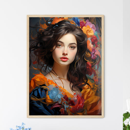 Hand-Drawn Art Painting As Classical Portrait - A Woman With Long Brown Hair And Flowers In Her Hair Default Title