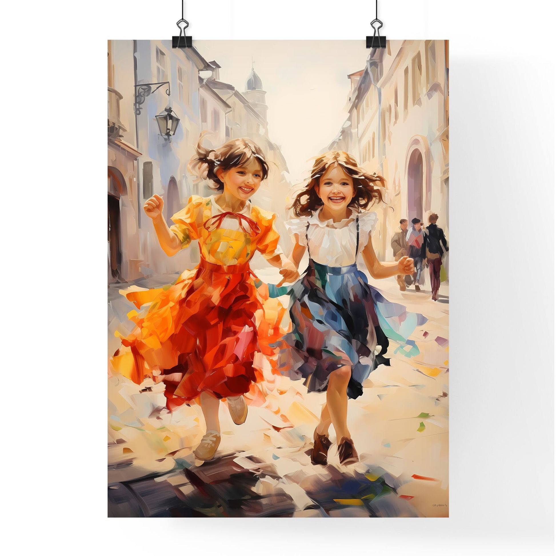 Kids Playing In Berlin - A Painting Of Two Girls Running On A Street Default Title