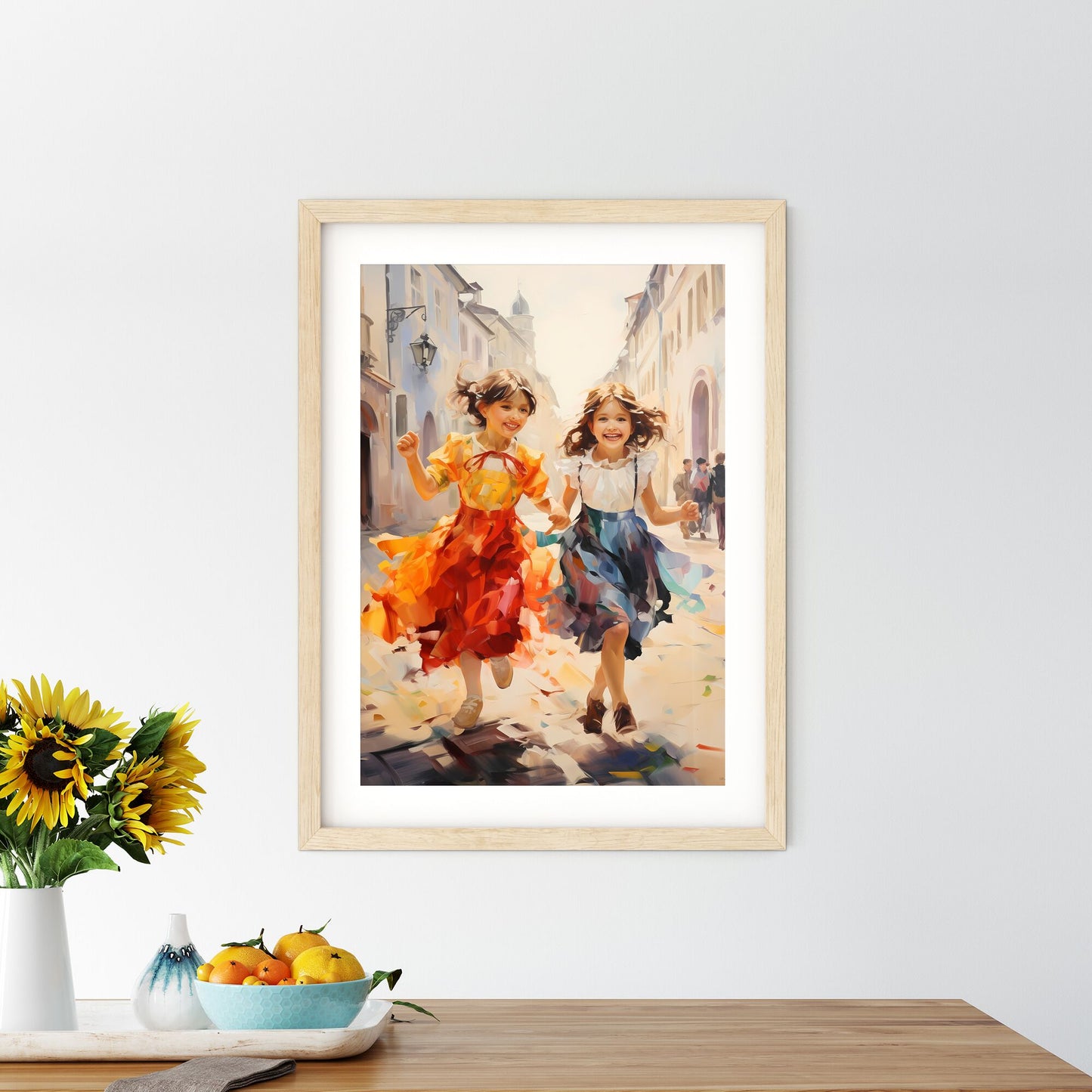 Kids Playing In Berlin - A Painting Of Two Girls Running On A Street Default Title