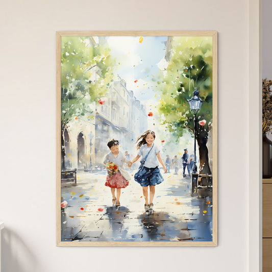 Kids Playing In Berlin - A Painting Of Two Girls Holding Hands And Walking Down A Sidewalk Default Title