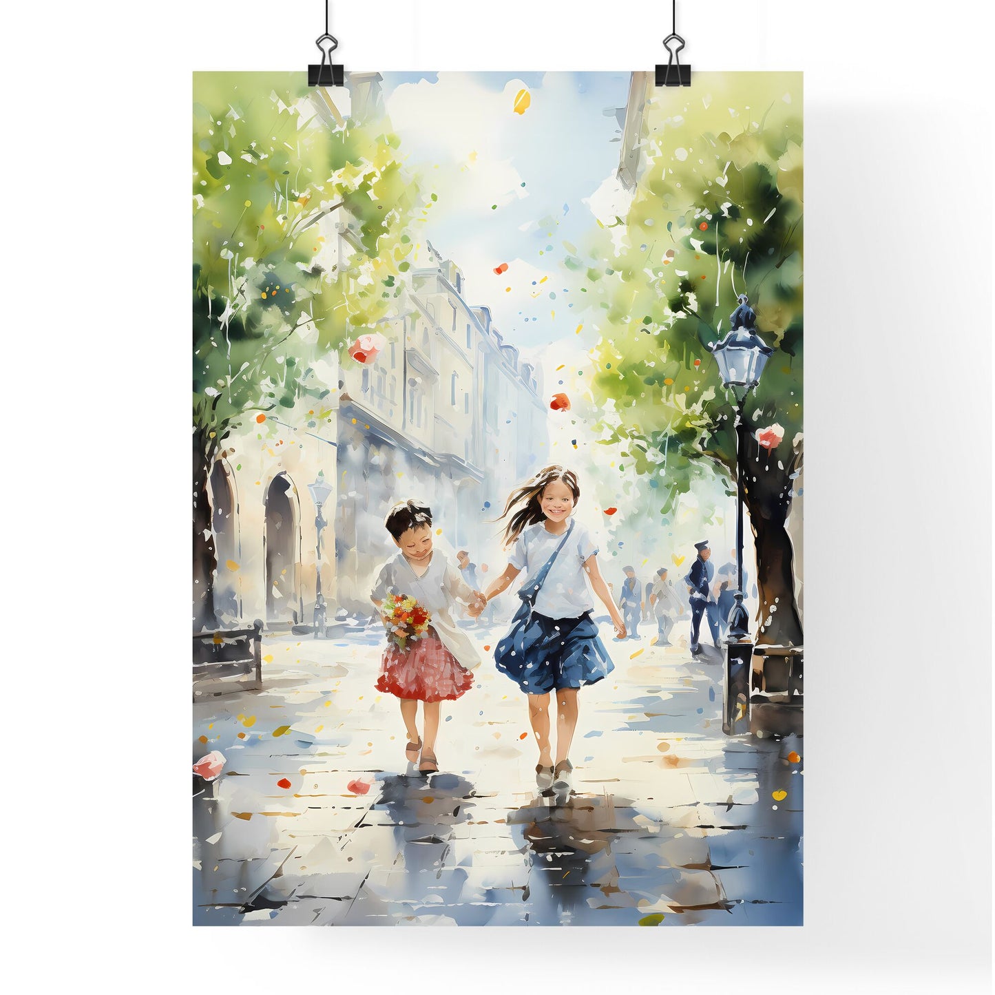 Kids Playing In Berlin - A Painting Of Two Girls Holding Hands And Walking Down A Sidewalk Default Title