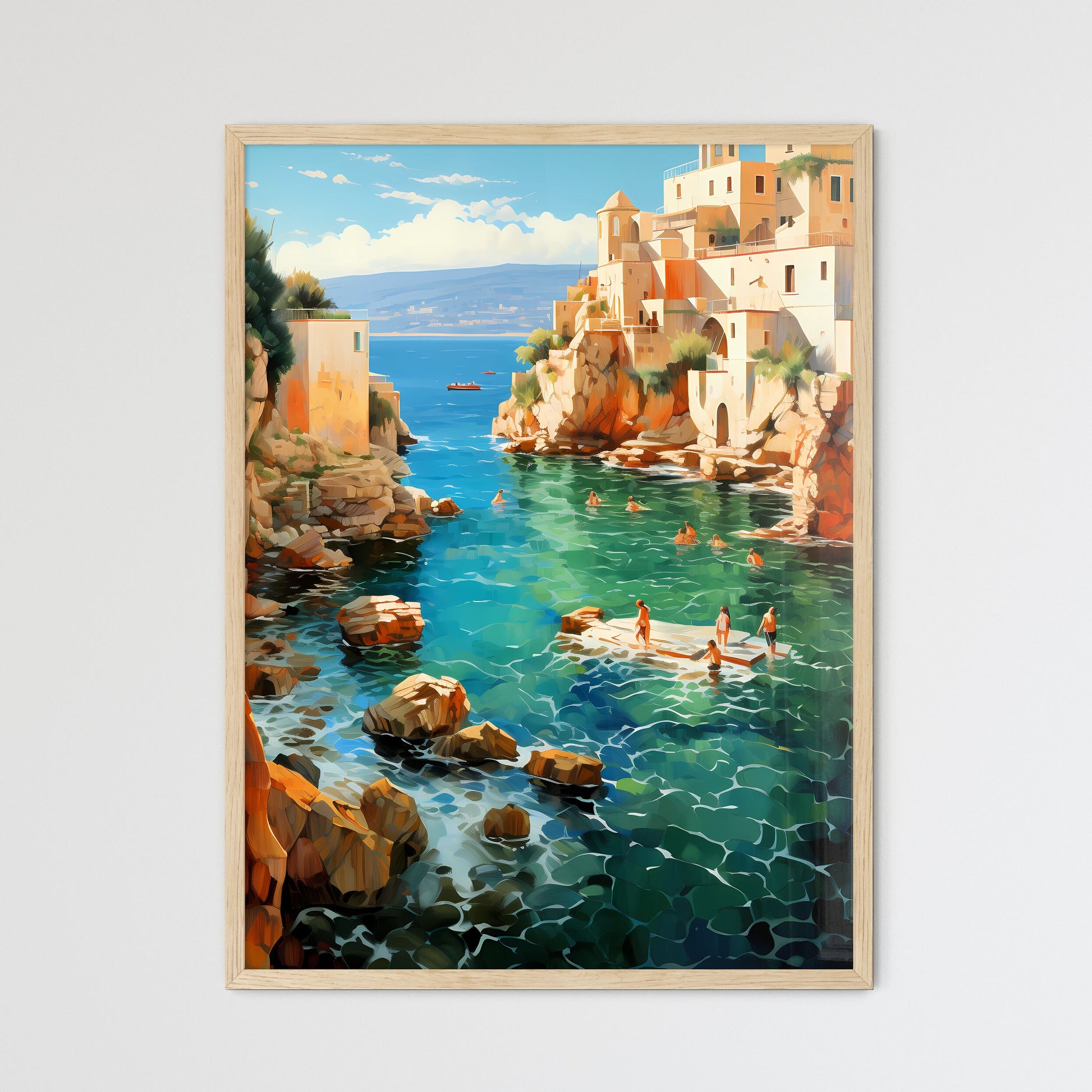 Mediterranean Sea Bath Scene In The Golden 20S - A Group Of People Swimming In A Body Of Water Framed Art