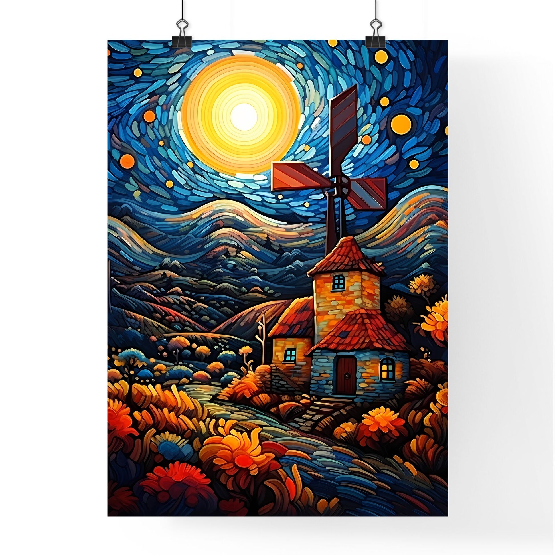 Windmill And Solar Power Plant - A Painting Of A House And A Windmill Default Title