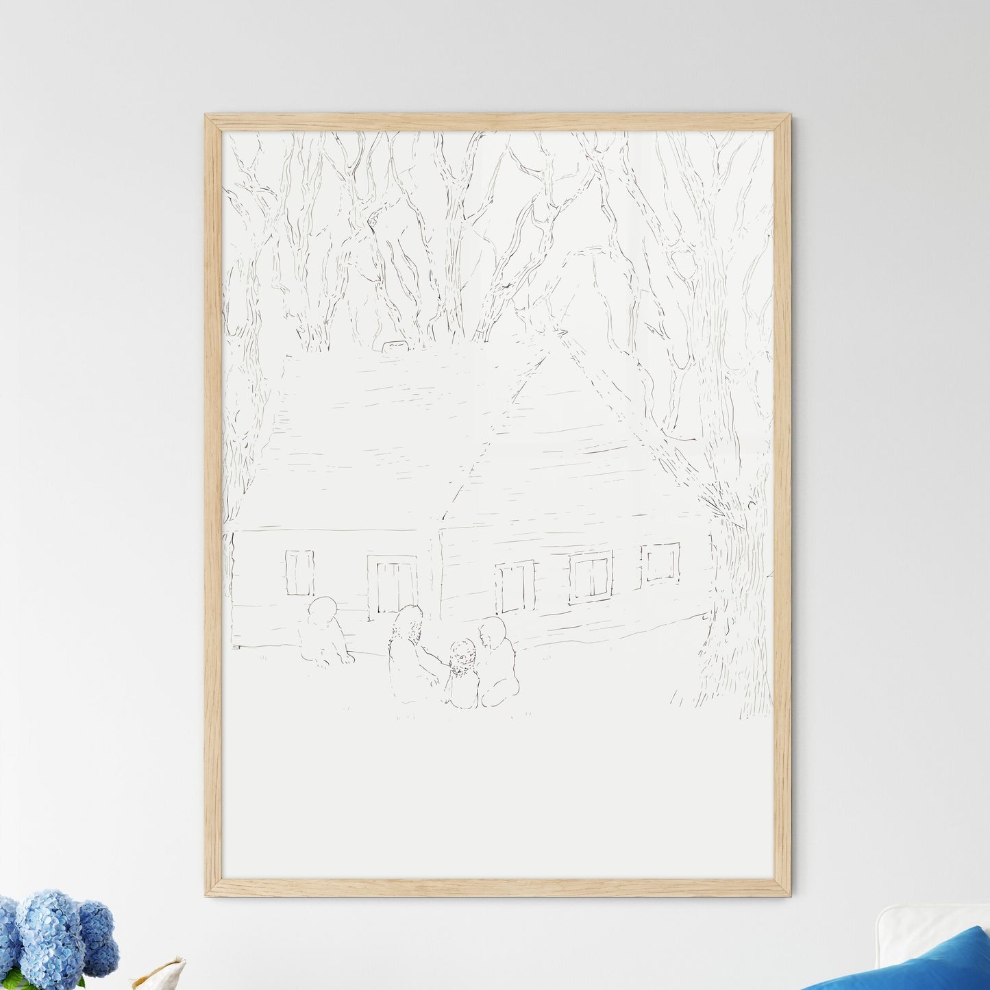 Two Little Humas In Front Of A Little House - A Drawing Of A House And A Group Of People Framed Art