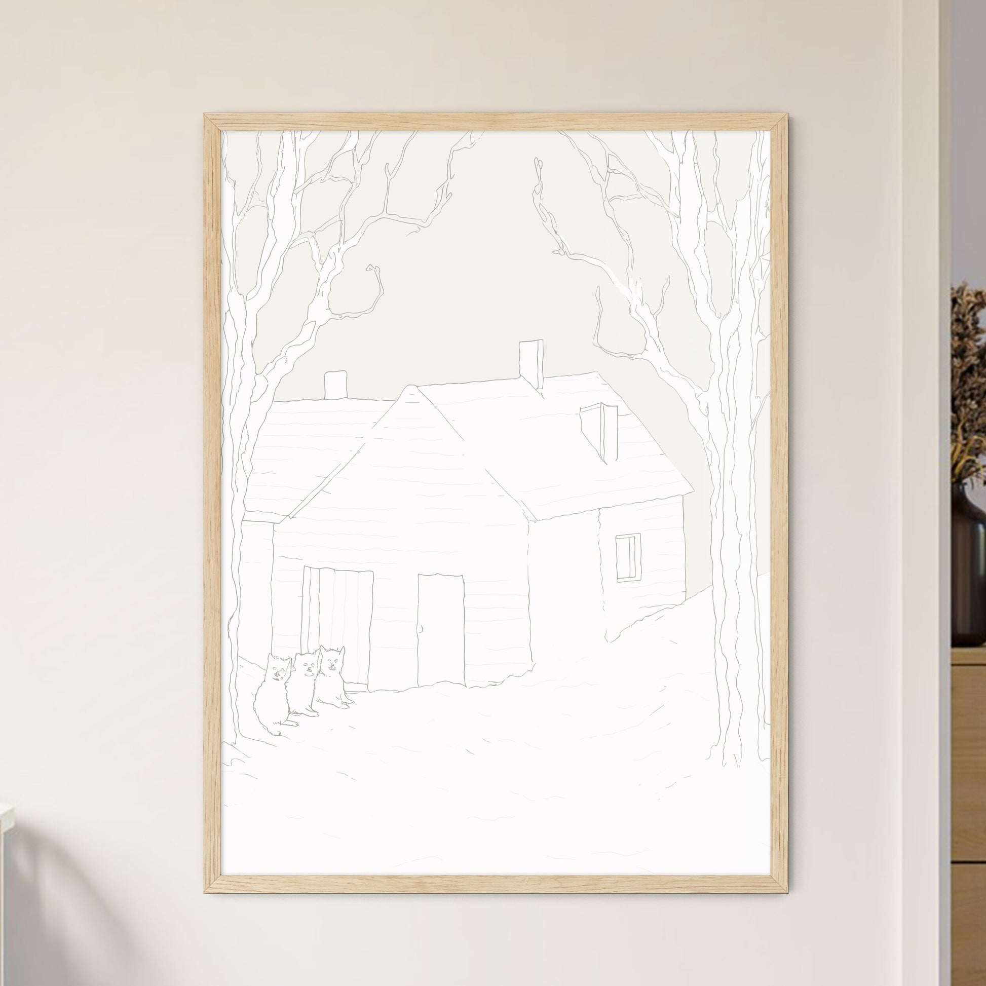Two Little Humas In Front Of A Little House - A Drawing Of A House And Cats Framed Art