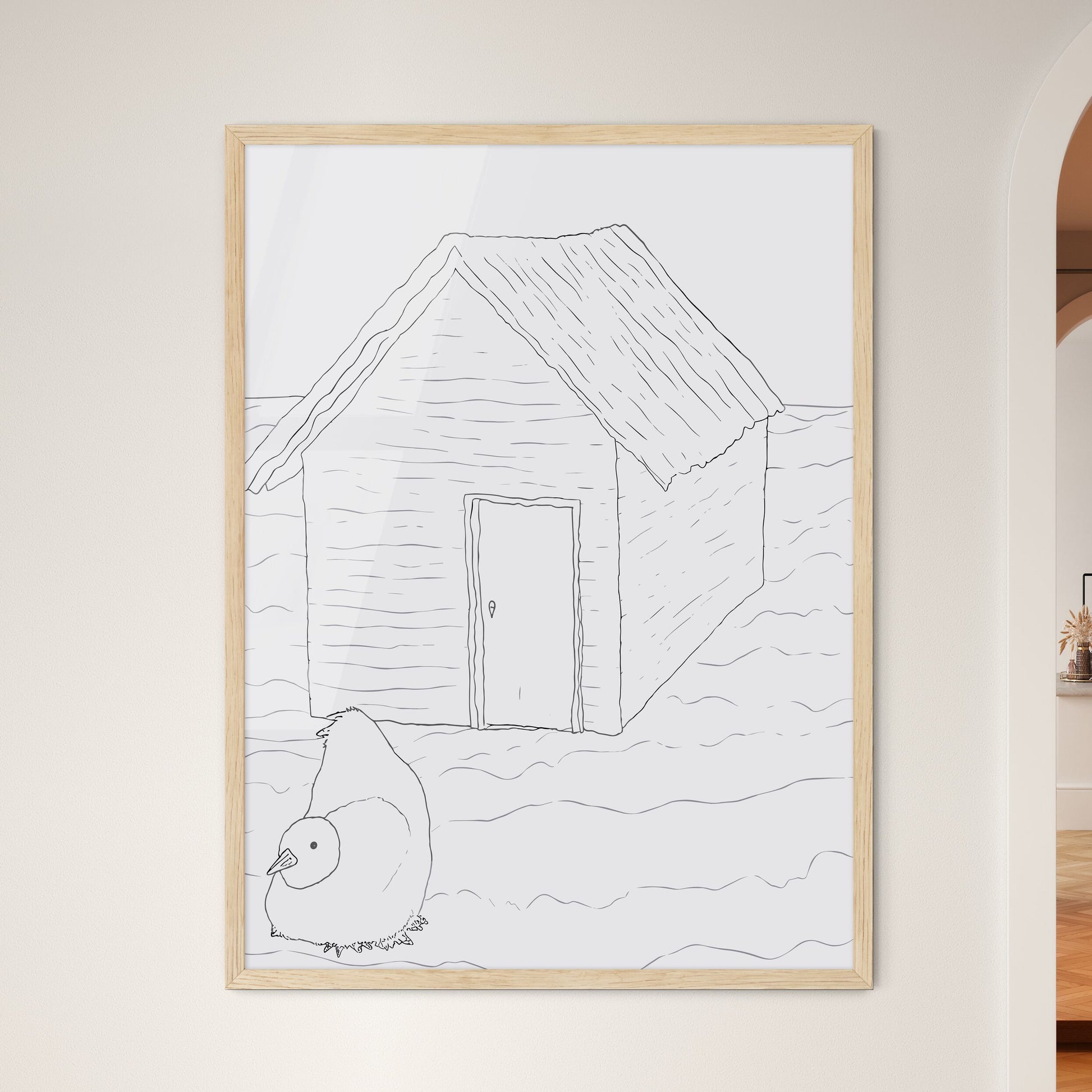 Two Little Humas In Front Of A Little House - A Drawing Of A House And A Bird Framed Art