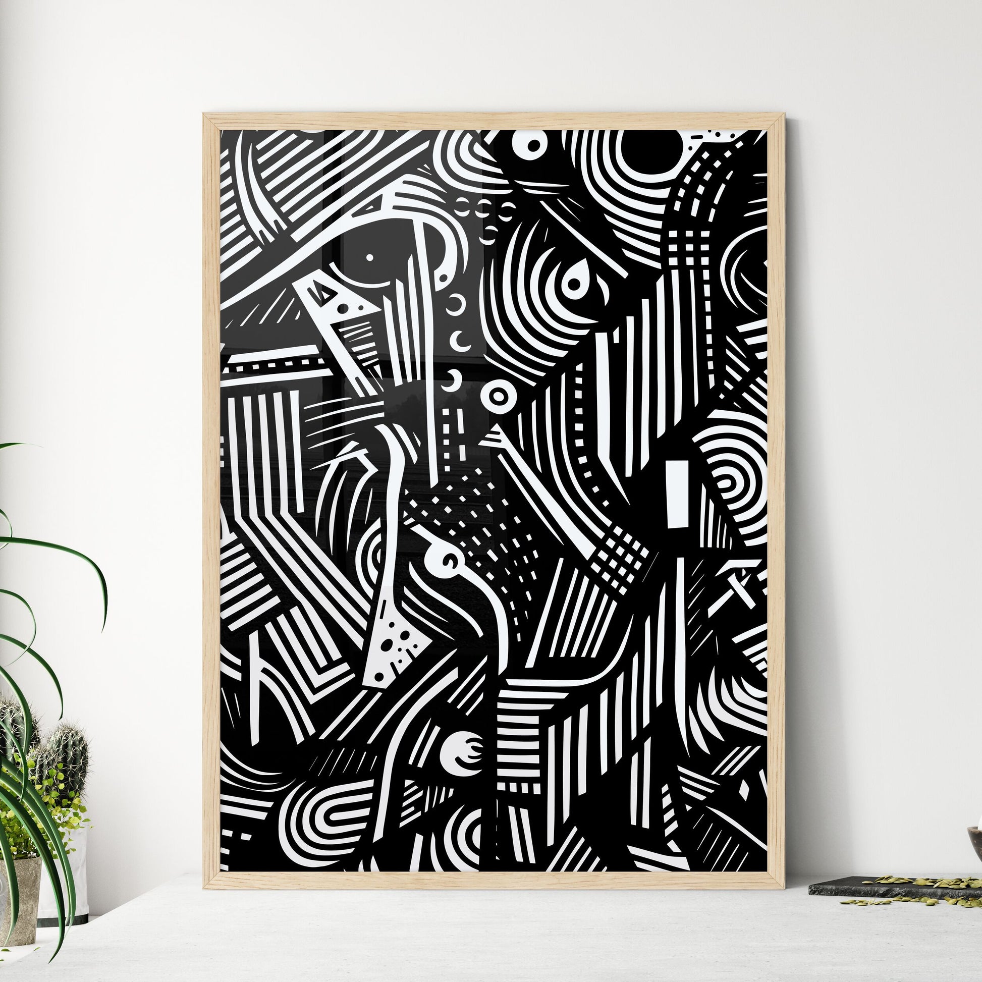Abstract Lines And Shapes - A Black And  - Framed Art Print