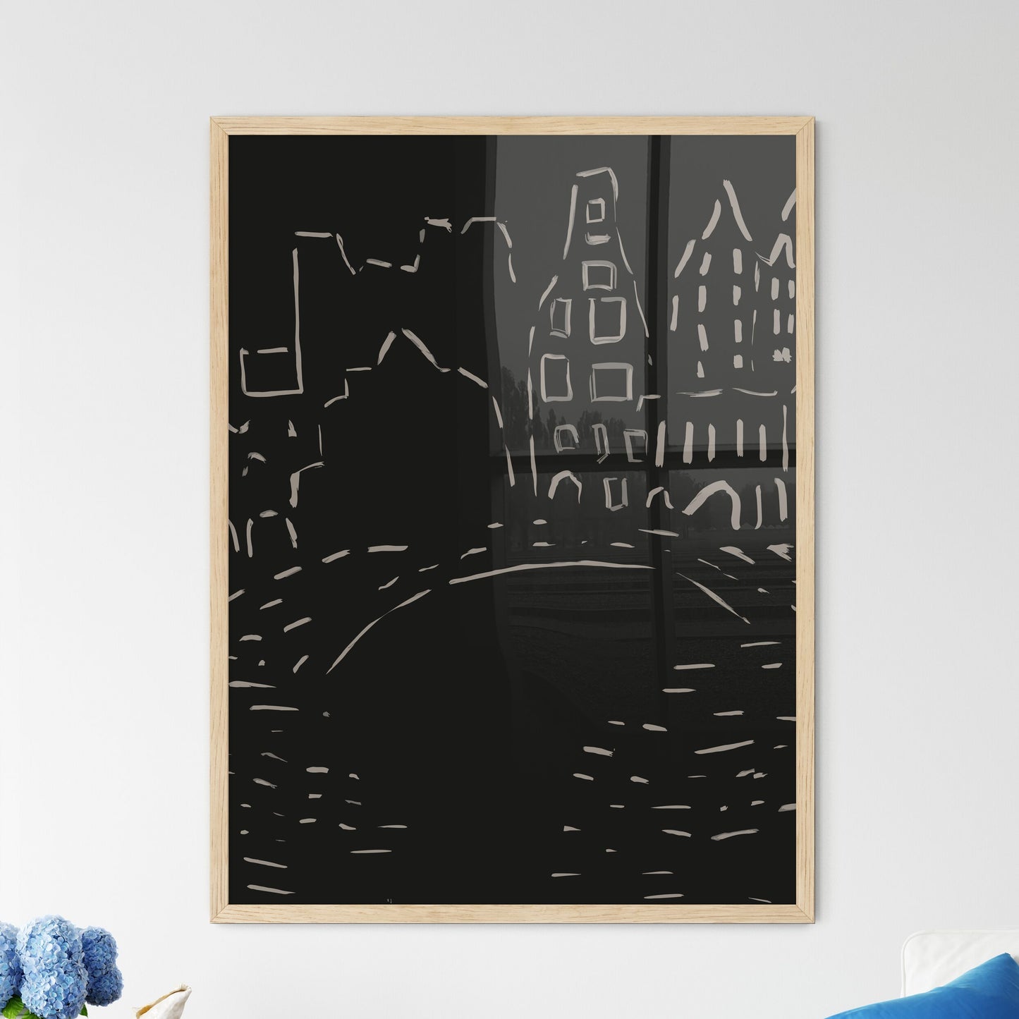 Amsterdam City Scene - A Drawing Of A City Framed Art