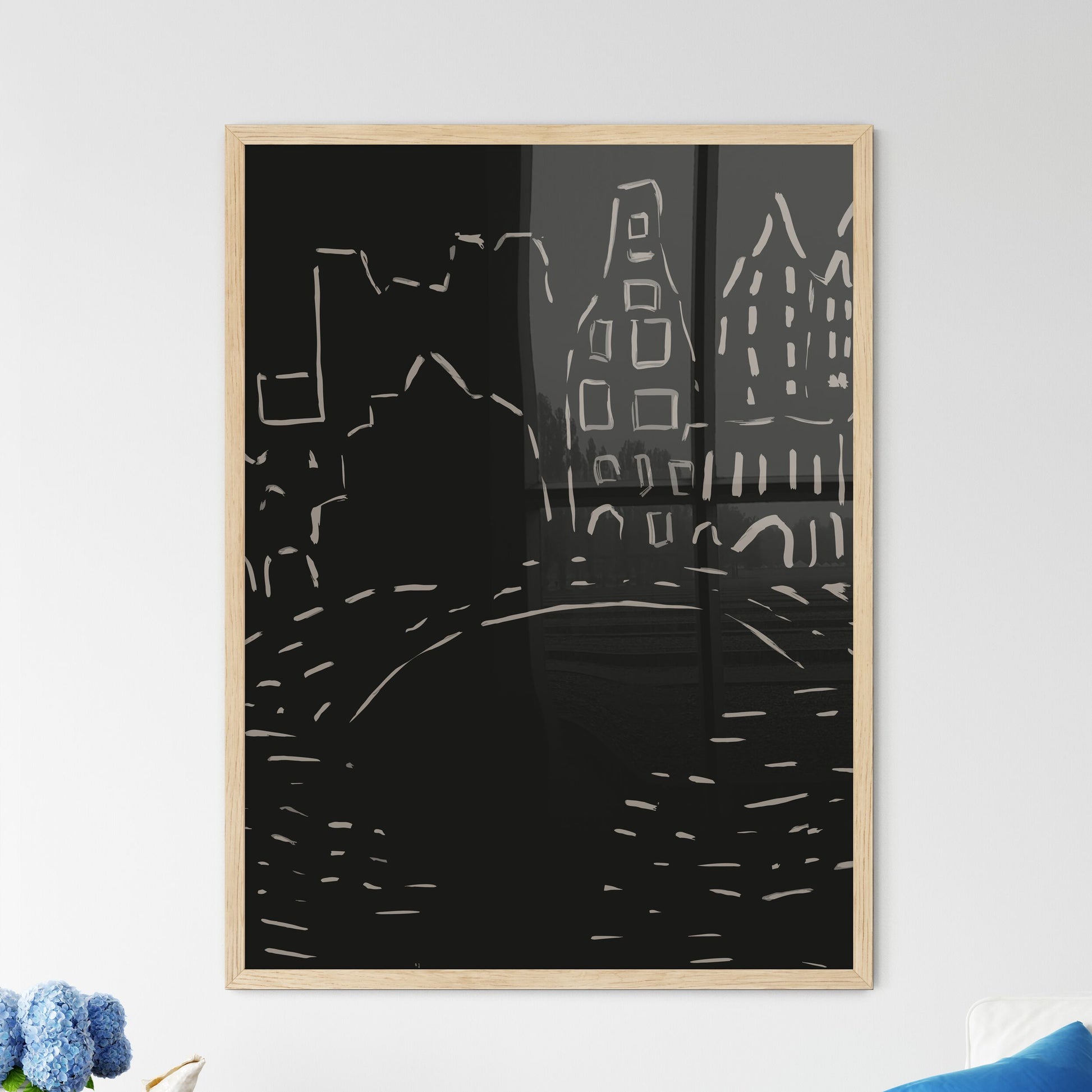 Amsterdam City Scene - A Drawing Of A City Framed Art