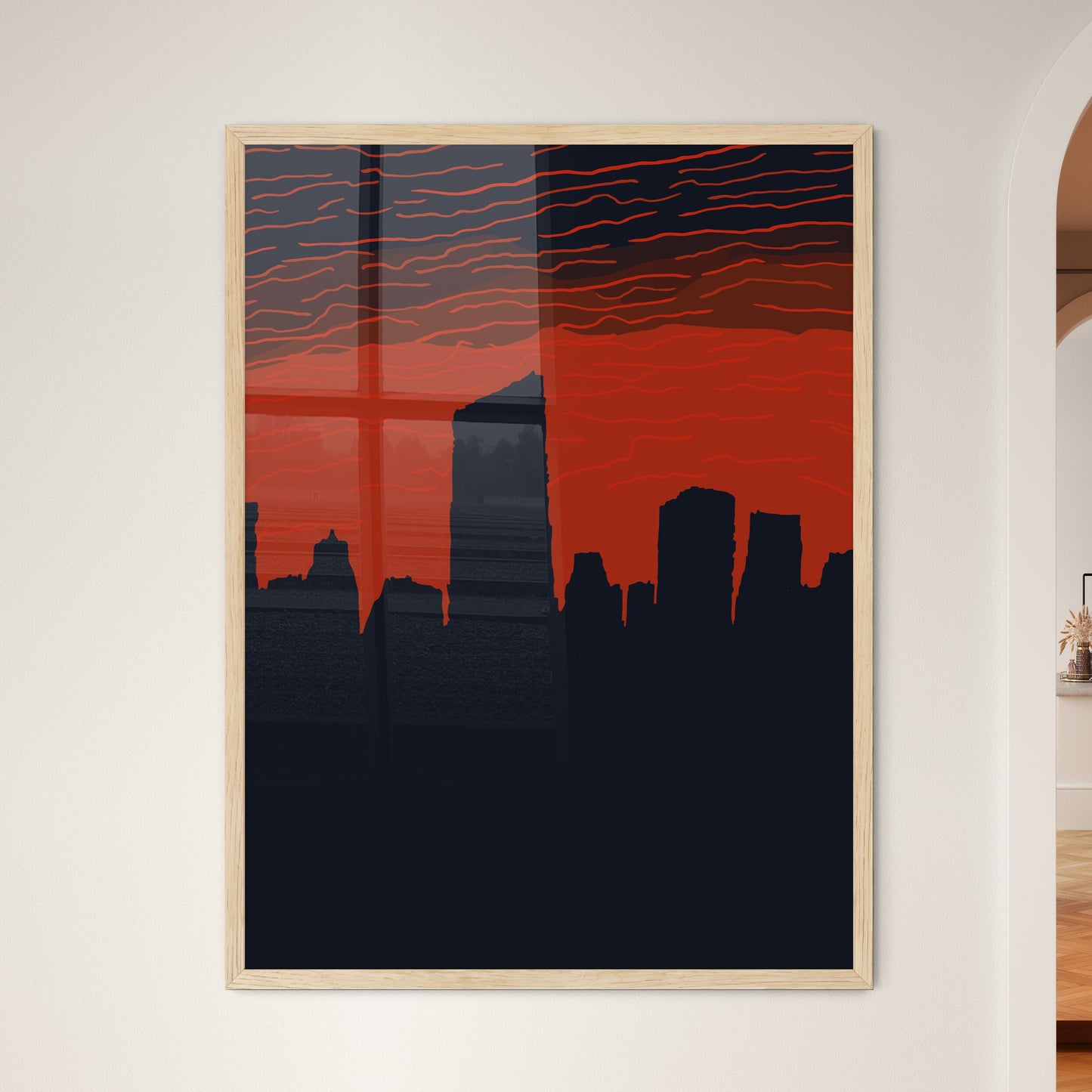 Chicago Skyline - A Silhouette Of A City With Red Sky Framed Art