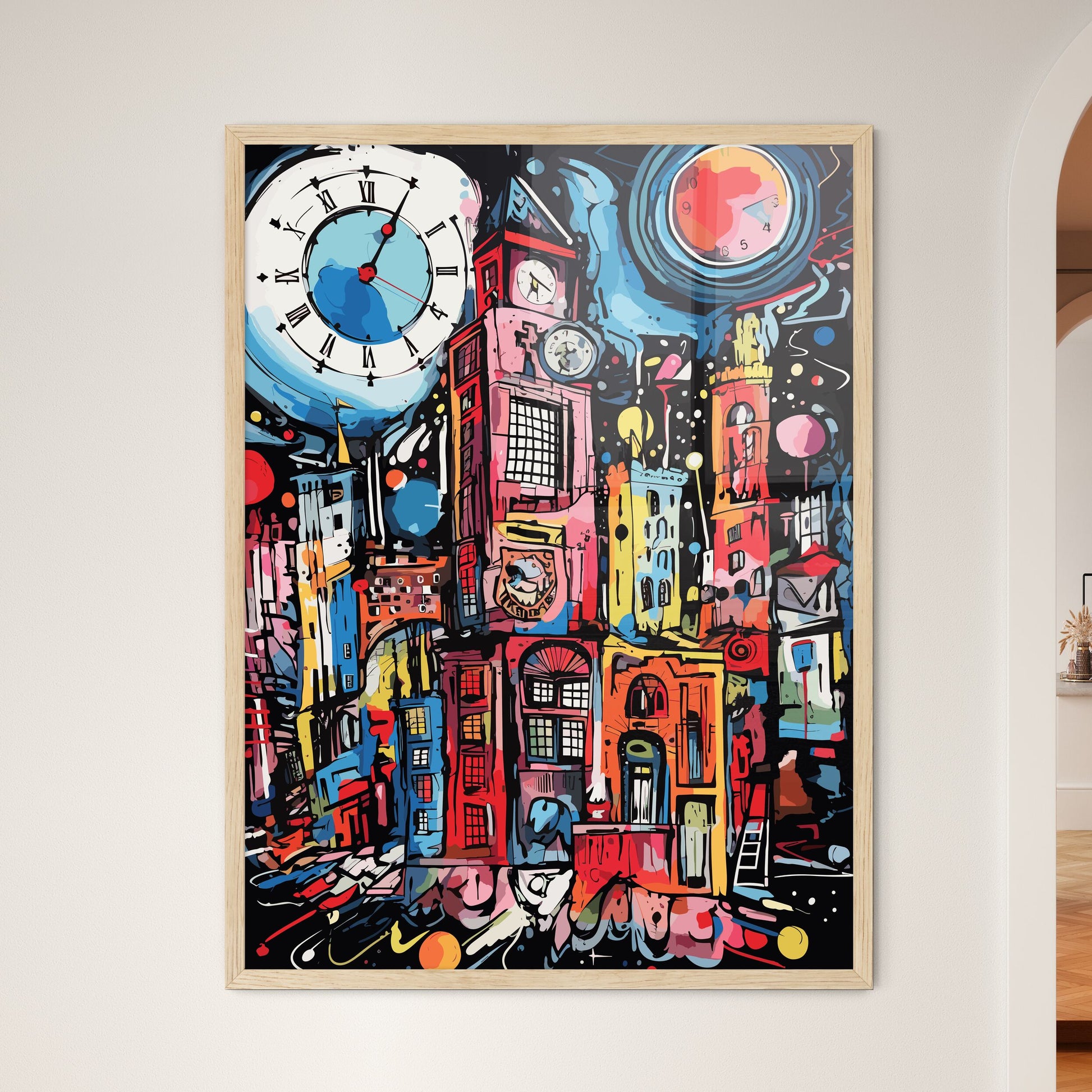 Exploring The City - A Painting Of A City With A Clock Framed Art