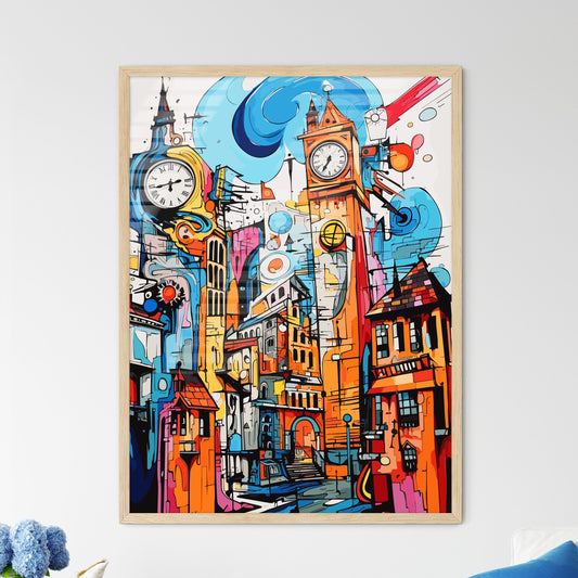 Exploring The City - A Colorful Painting Of A Clock Tower Framed Art