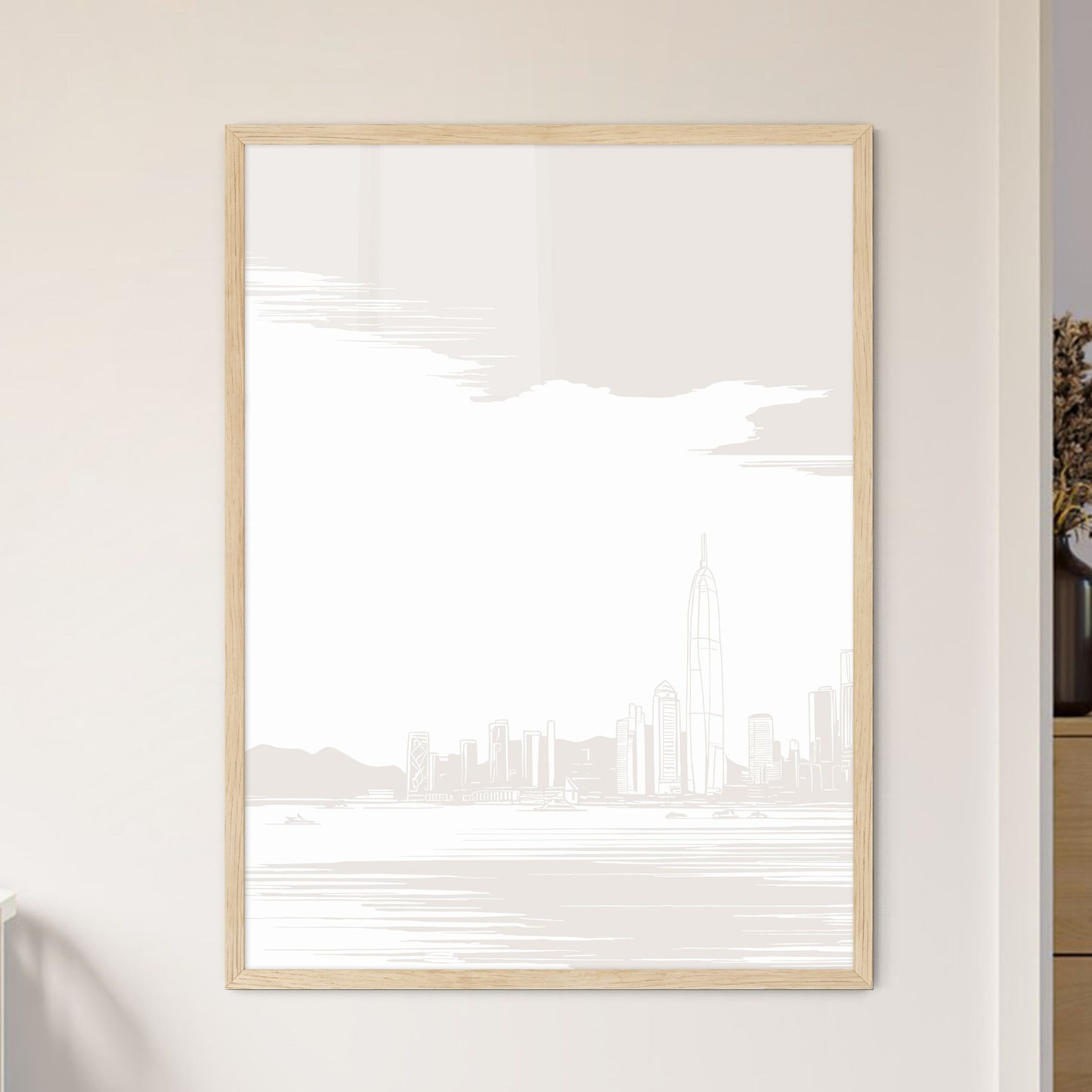 Hong Kong Waterfront Skyline - A City Skyline With Mountains In The Background Framed Art