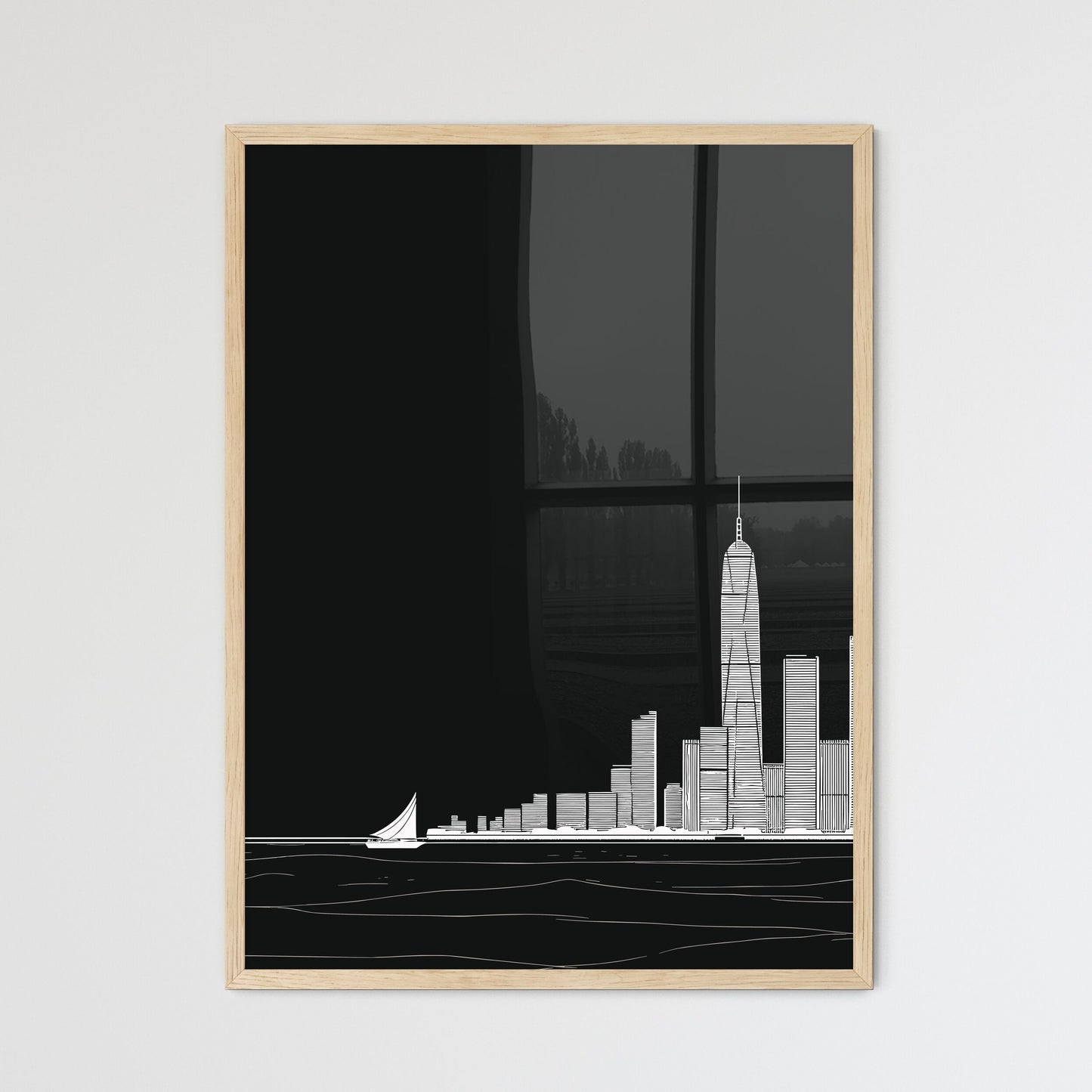 Hong Kong Waterfront Skyline - A City Skyline With A Sailboat In The Distance Framed Art